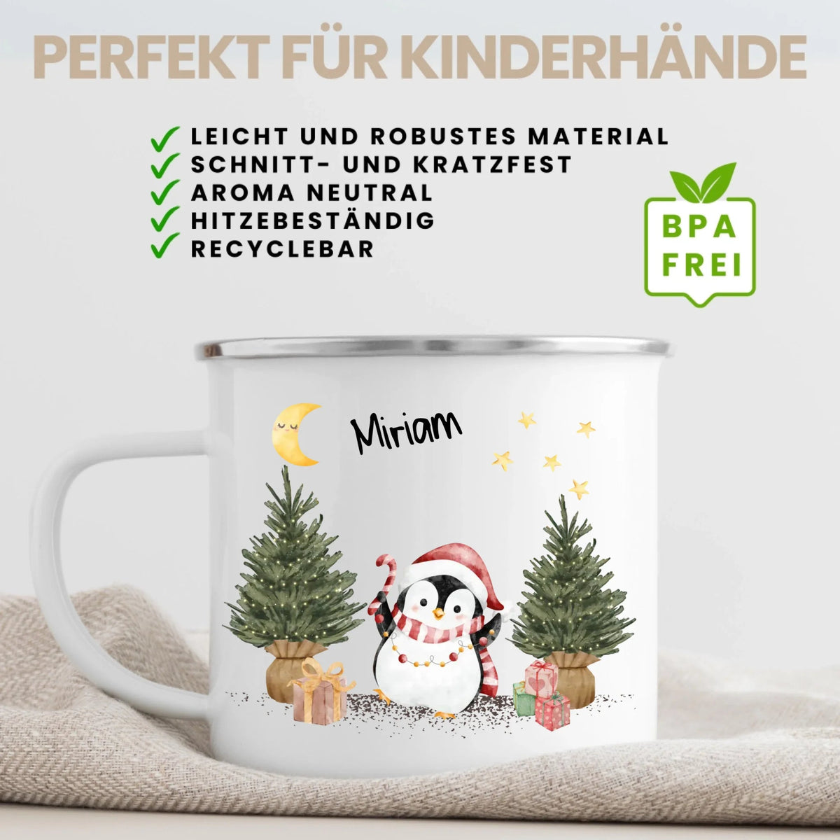 Personalisierte Weihnachtstasse für Kinder „Pinguin“ mit Namen Little Mathilda Little Mathilda Emaille Tasse