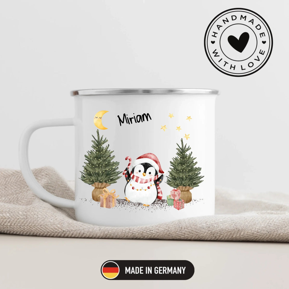 Personalisierte Weihnachtstasse für Kinder „Pinguin“ mit Namen Little Mathilda Little Mathilda Emaille Tasse