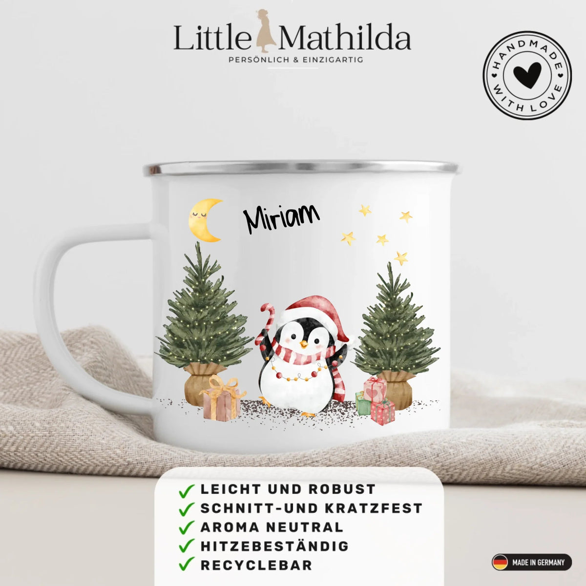 Personalisierte Weihnachtstasse für Kinder „Pinguin“ mit Namen Little Mathilda Little Mathilda Emaille Tasse