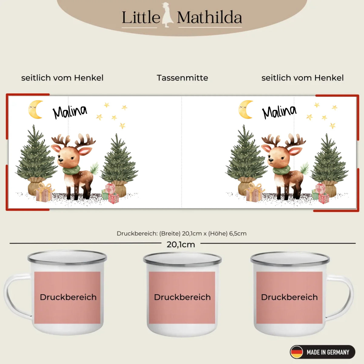 Personalisierte Weihnachtstasse für Kinder „Rentier“ mit Namen Little Mathilda Little Mathilda Emaille Tasse
