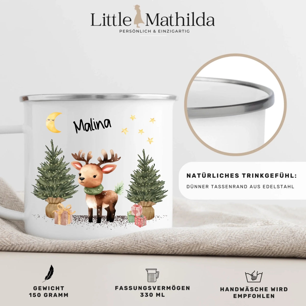 Personalisierte Weihnachtstasse für Kinder „Rentier“ mit Namen Little Mathilda Little Mathilda Emaille Tasse