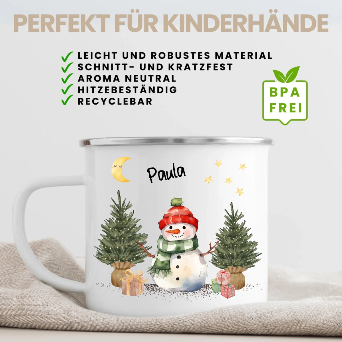 Personalisierte Weihnachtstasse für Kinder „Schneemann“ mit Namen Little Mathilda Little Mathilda Emaille Tasse