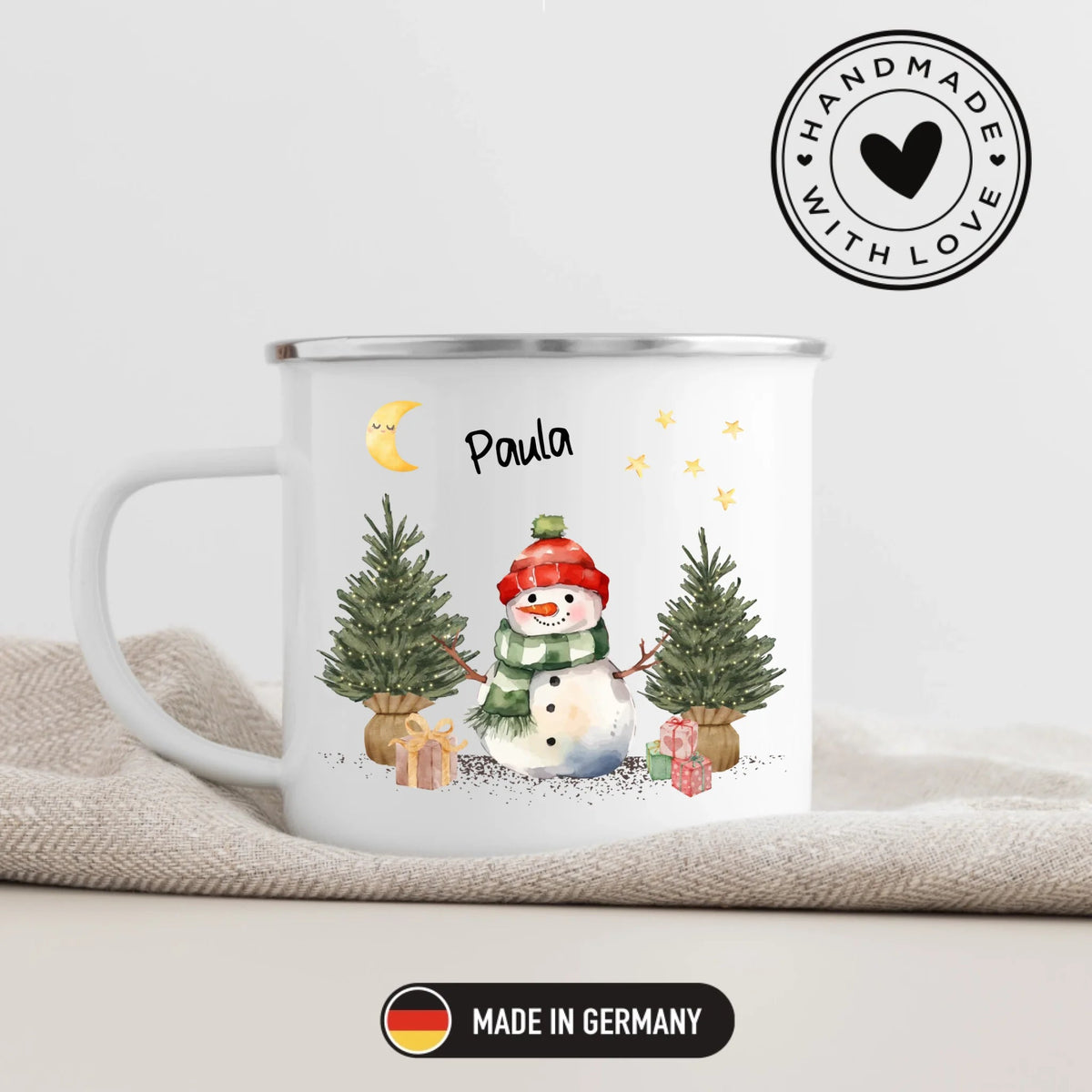 Personalisierte Weihnachtstasse für Kinder „Schneemann“ mit Namen Little Mathilda Little Mathilda Emaille Tasse