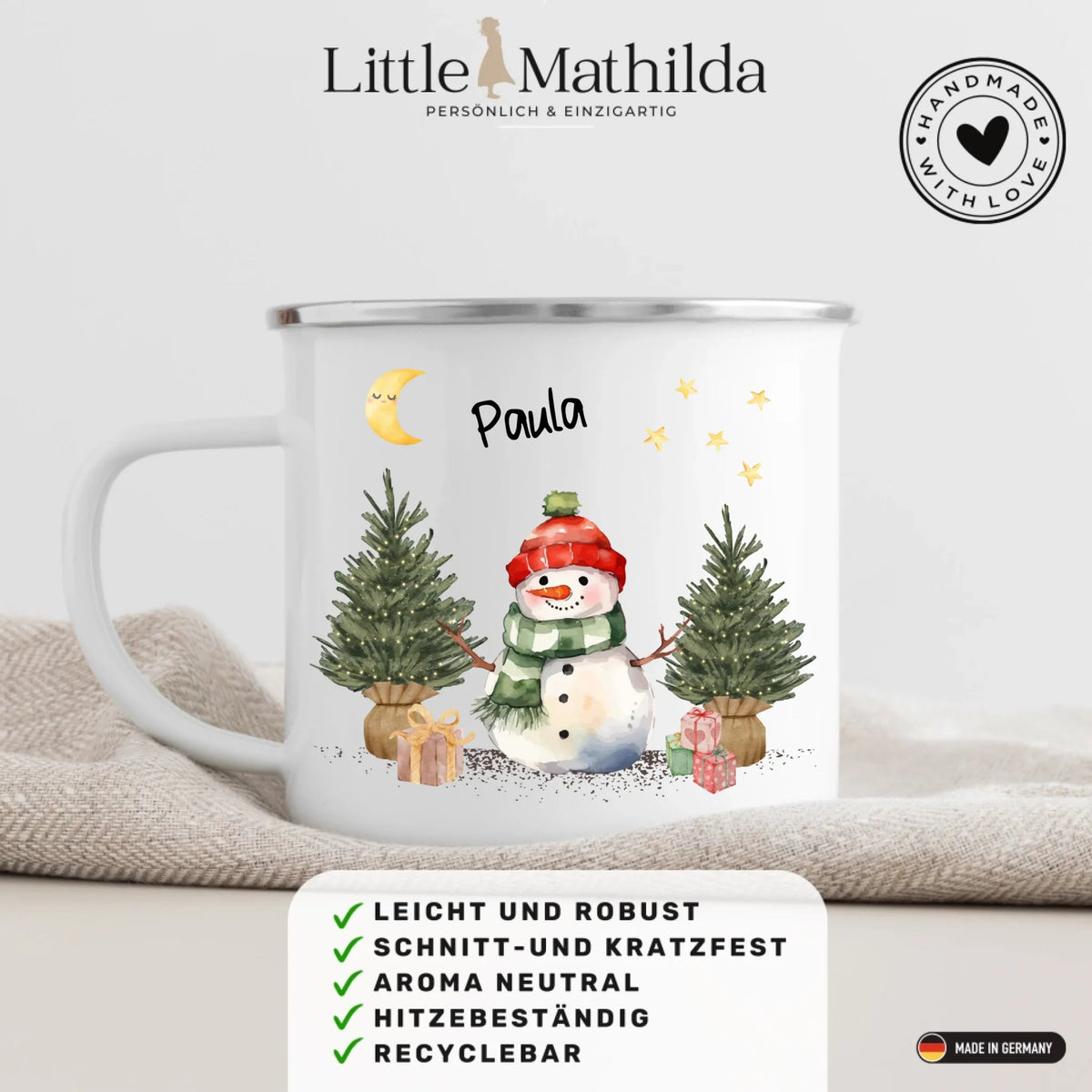 Personalisierte Weihnachtstasse für Kinder „Schneemann“ mit Namen Little Mathilda Little Mathilda Emaille Tasse