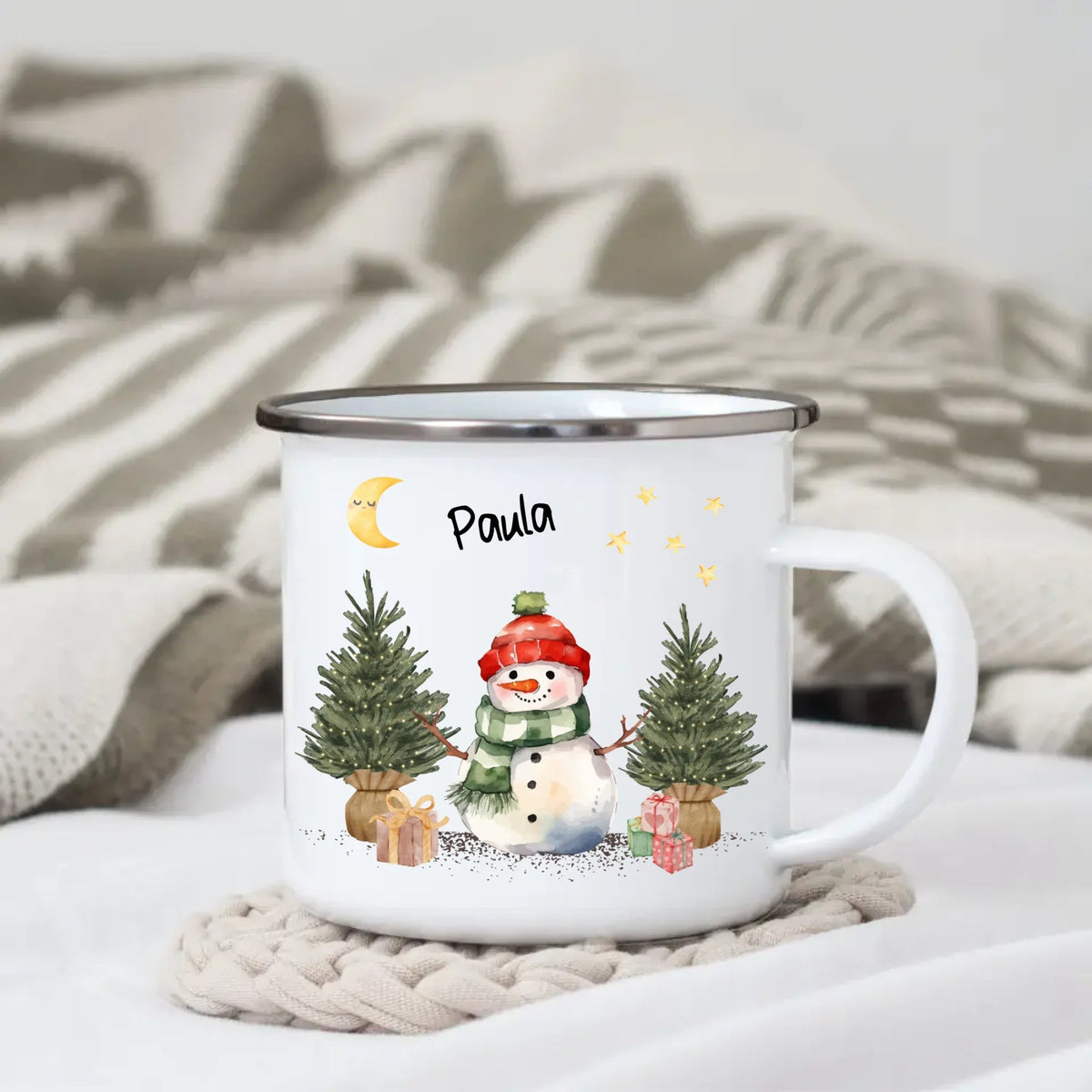 Personalisierte Weihnachtstasse für Kinder „Schneemann“ mit Namen Little Mathilda Little Mathilda Emaille Tasse