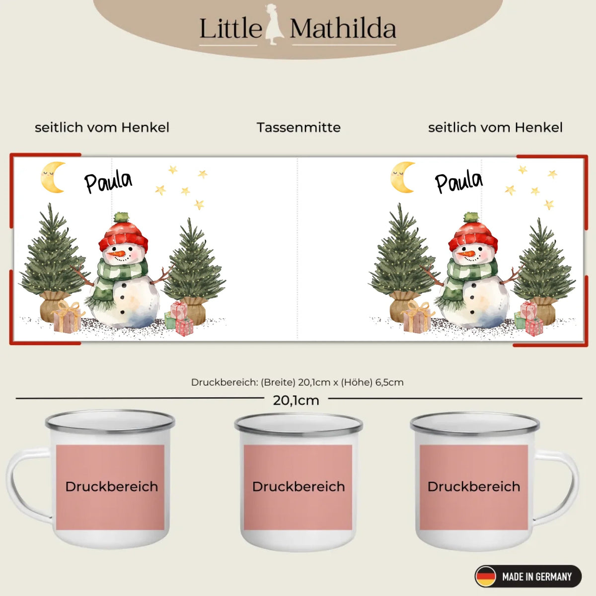 Personalisierte Weihnachtstasse für Kinder „Schneemann“ mit Namen Little Mathilda Little Mathilda Emaille Tasse