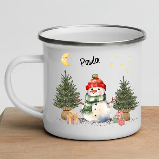 Personalisierte Weihnachtstasse für Kinder „Schneemann“ mit Namen Little Mathilda Little Mathilda Emaille Tasse