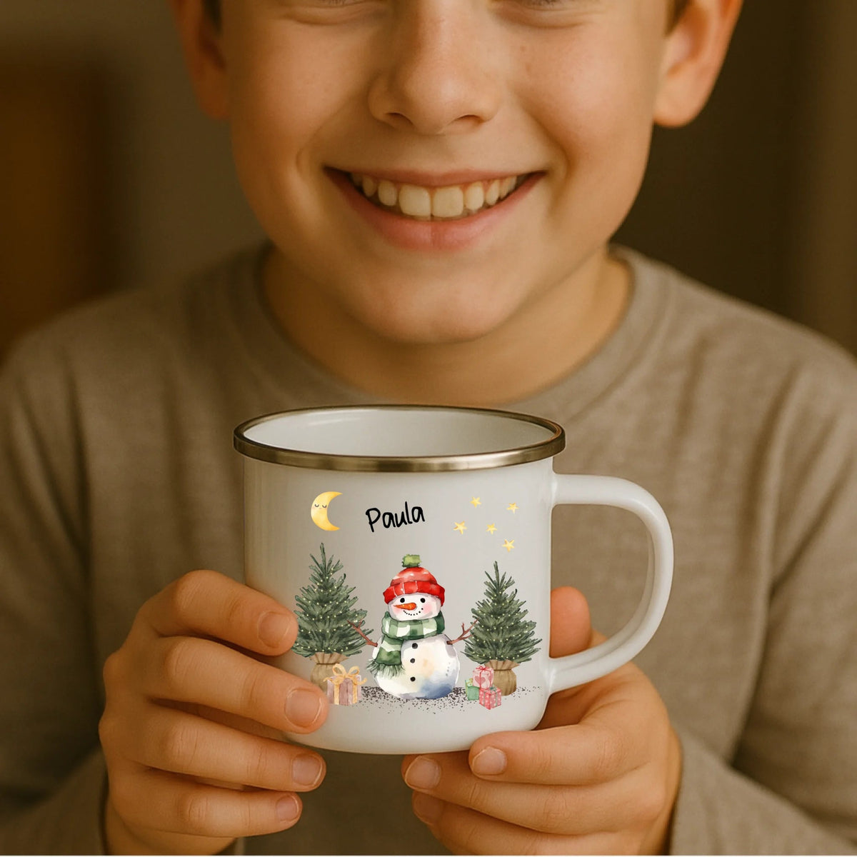 Personalisierte Weihnachtstasse für Kinder „Schneemann“ mit Namen Little Mathilda Little Mathilda Emaille Tasse