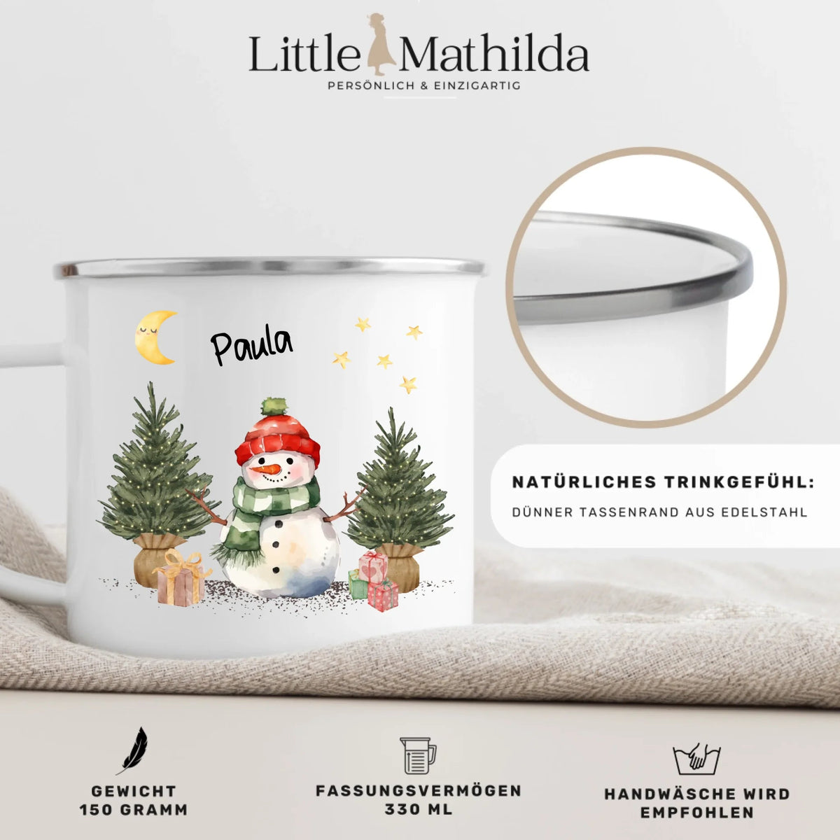 Personalisierte Weihnachtstasse für Kinder „Schneemann“ mit Namen Little Mathilda Little Mathilda Emaille Tasse