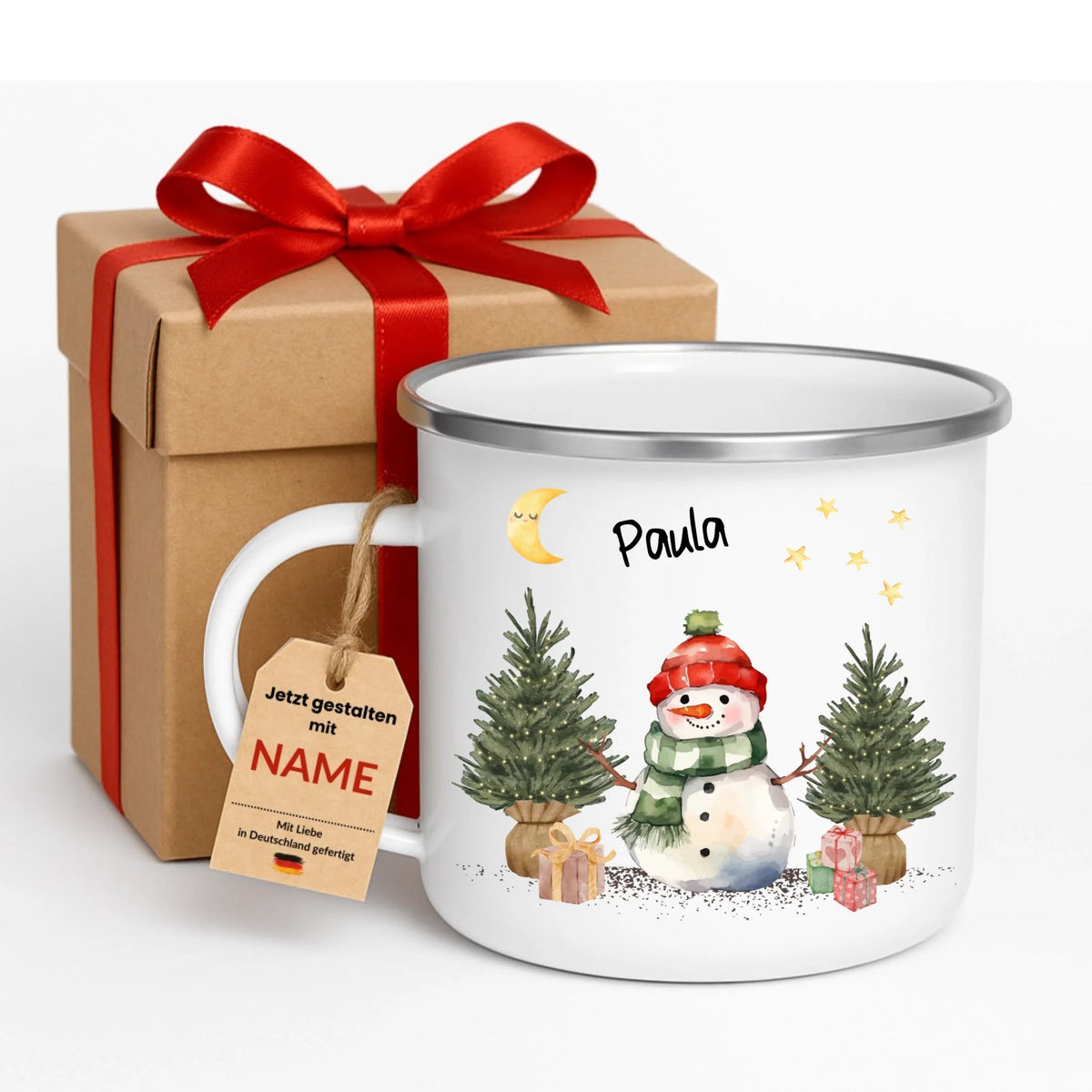Personalisierte Weihnachtstasse für Kinder „Schneemann“ mit Namen Little Mathilda Little Mathilda Emaille Tasse