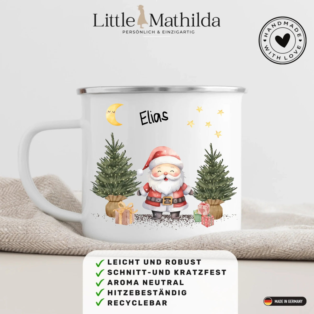 Personalisierte Weihnachtstasse für Kinder „Weihnachtsmann“ mit Namen Little Mathilda Little Mathilda Emaille Tasse