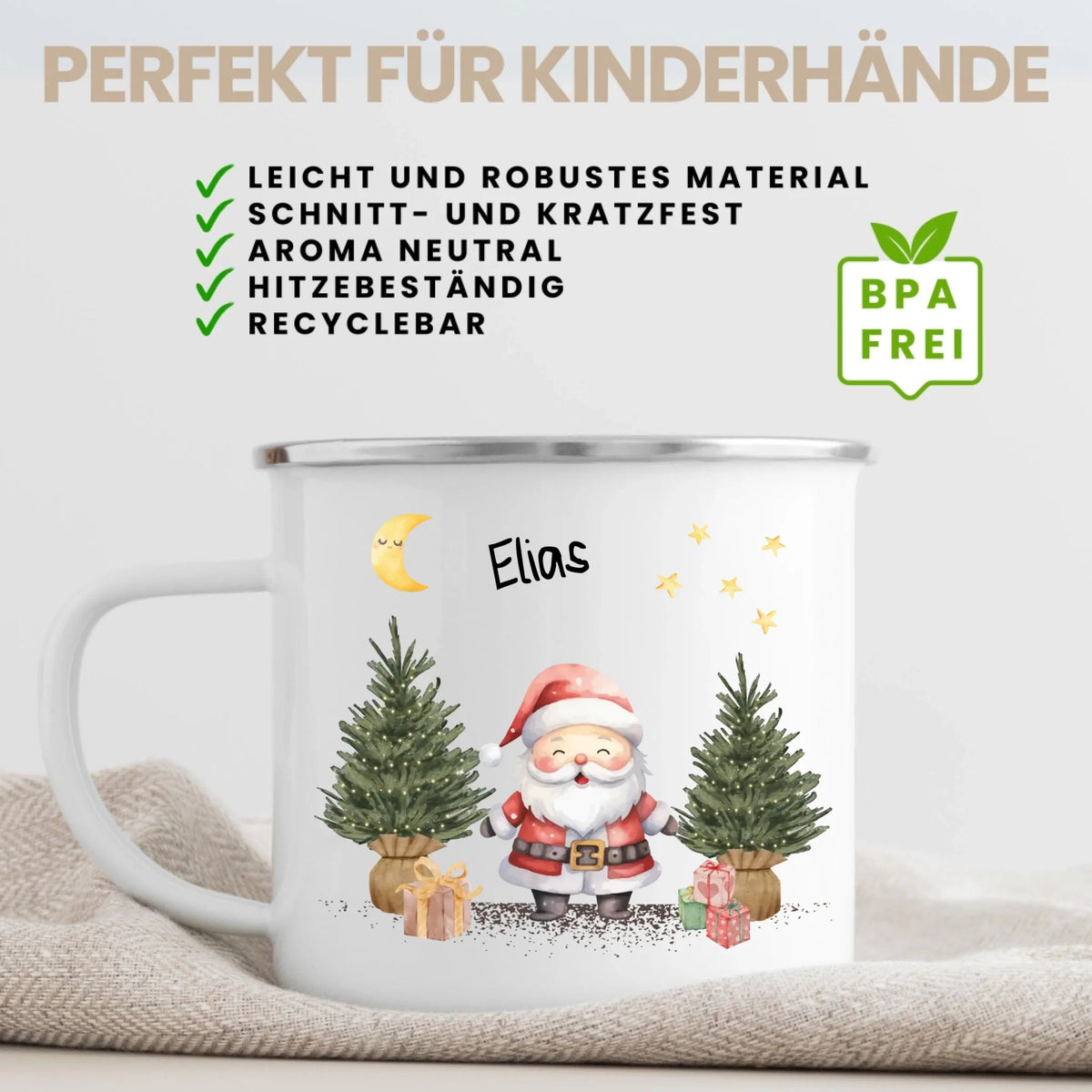 Personalisierte Weihnachtstasse für Kinder „Weihnachtsmann“ mit Namen Little Mathilda Little Mathilda Emaille Tasse