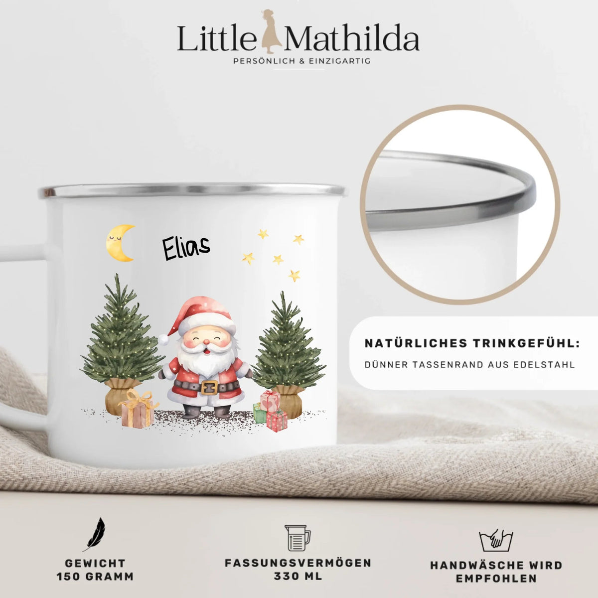 Personalisierte Weihnachtstasse für Kinder „Weihnachtsmann“ mit Namen Little Mathilda Little Mathilda Emaille Tasse