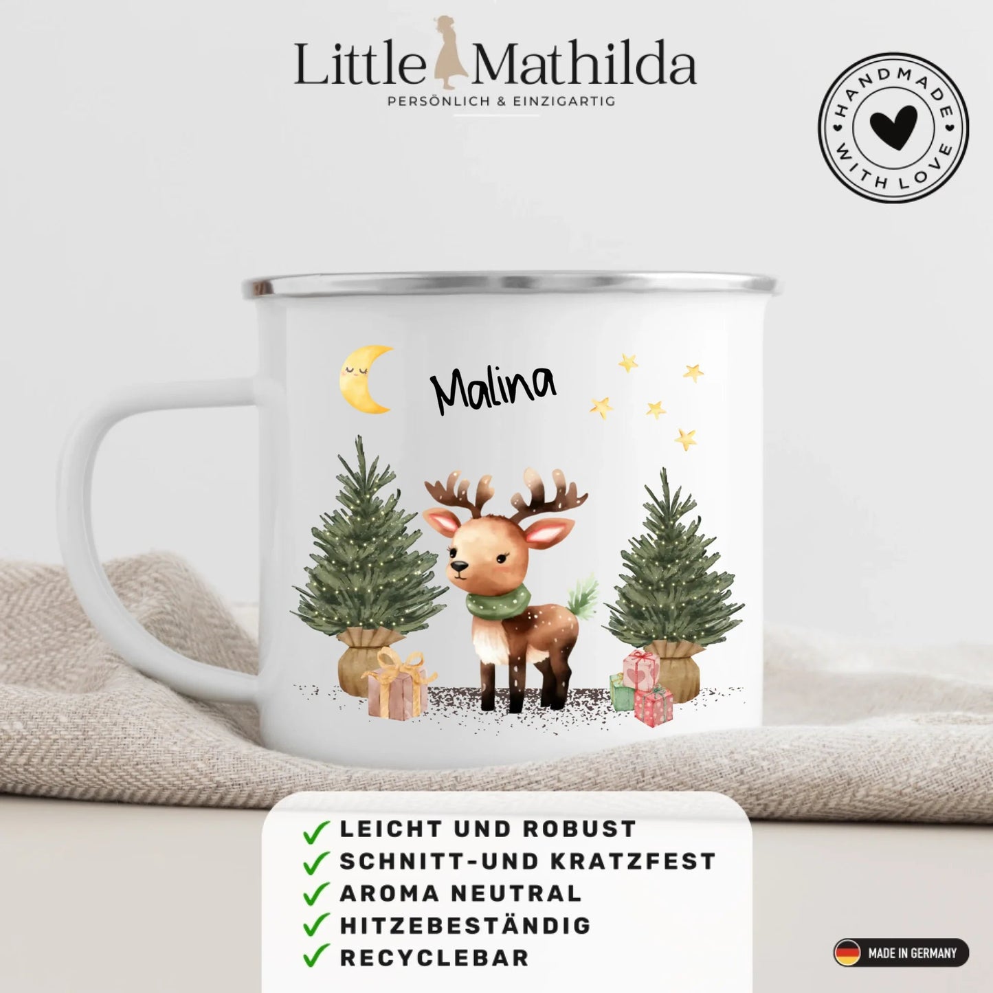 Personalisierte Weihnachtstasse für Kinder "Rentier" Little Mathilda Little Mathilda Emaille Tasse