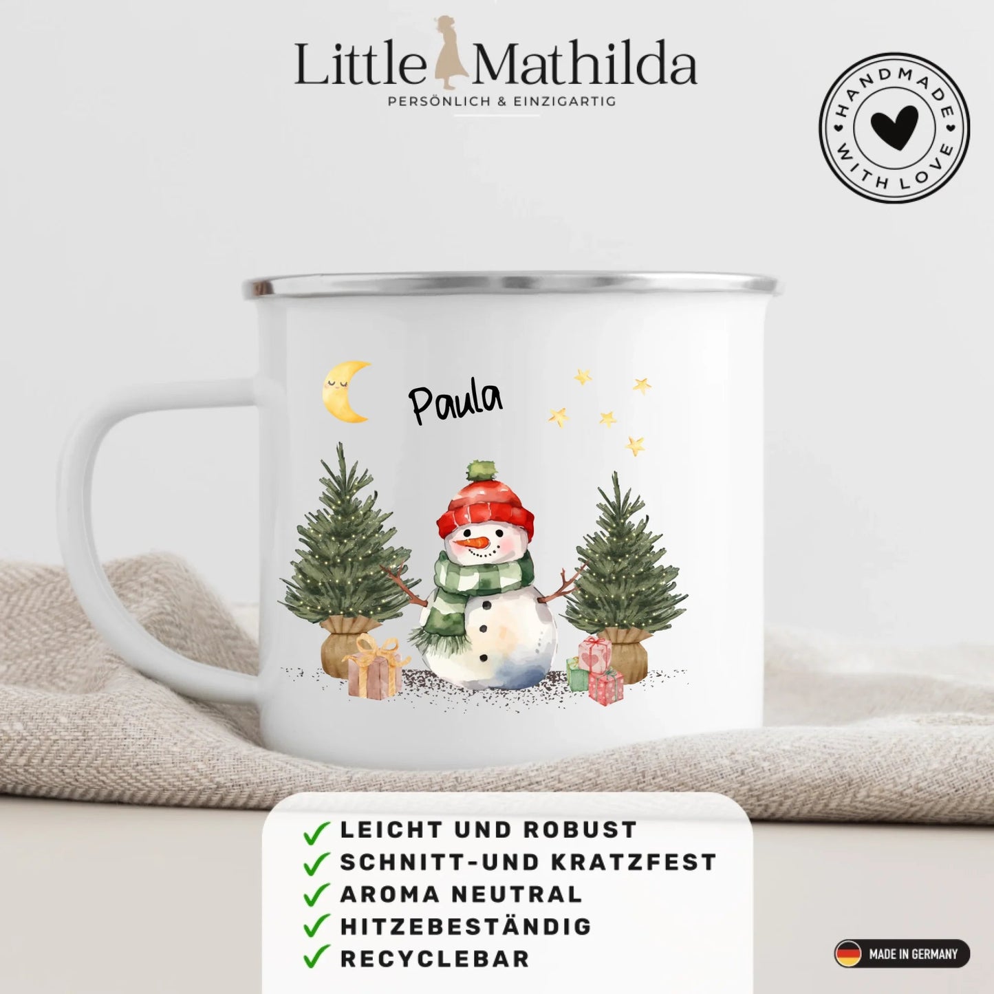 Personalisierte Weihnachtstasse für Kinder "Schneemann" Little Mathilda Little Mathilda Emaille Tasse
