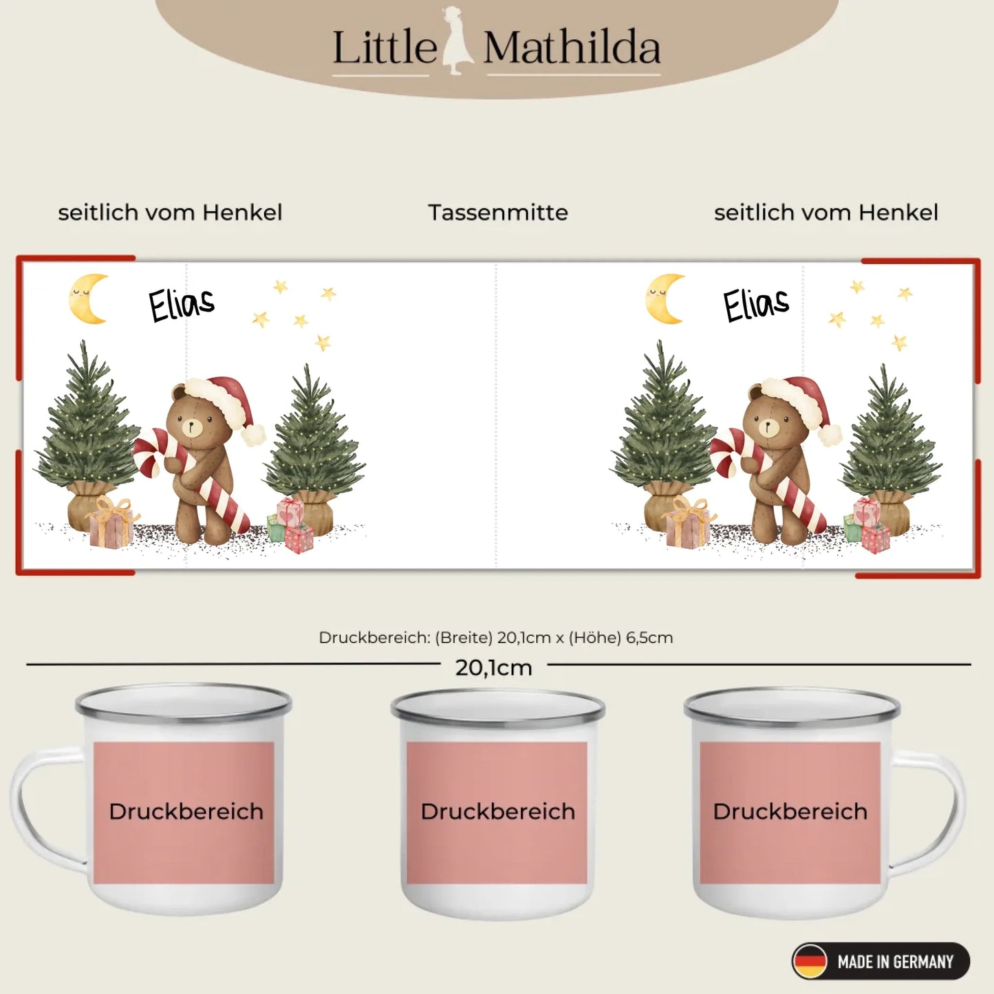 Kindertasse Weihnachten – liebevoll personalisierte Emaille Tasse mit Namen und winterlichem Design von Little Mathilda