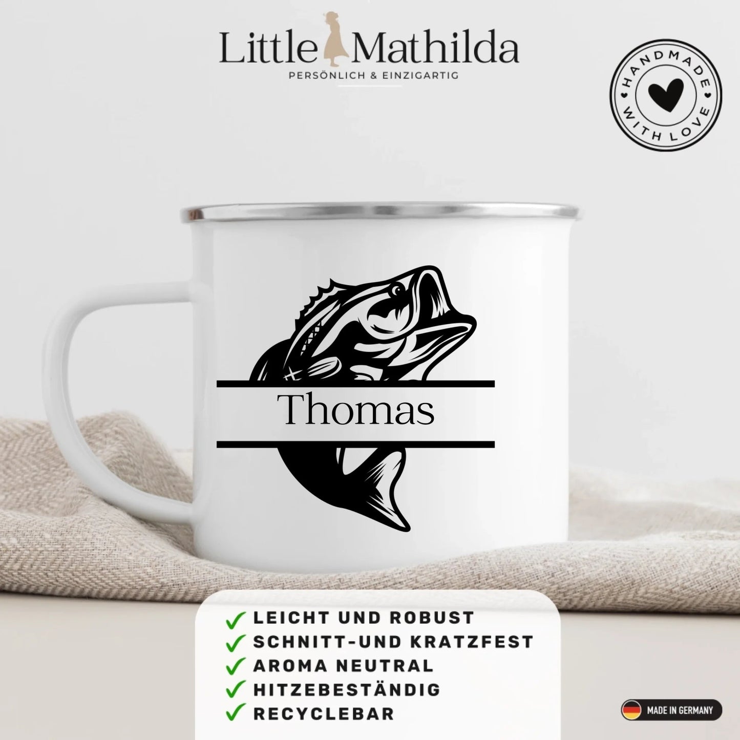 Personalisiertes Geschenk für Angler Emaille Tasse "Barsch" mit Namen Little Mathilda Little Mathilda Emaille Tasse