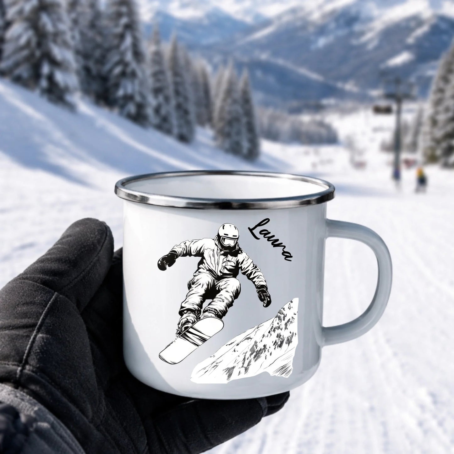 Snowboard Tasse personalisiert mit Wunschnamen – Cooles Geschenk für Snowboard - Liebhaber Little Mathilda Little Mathilda Emaille Tasse