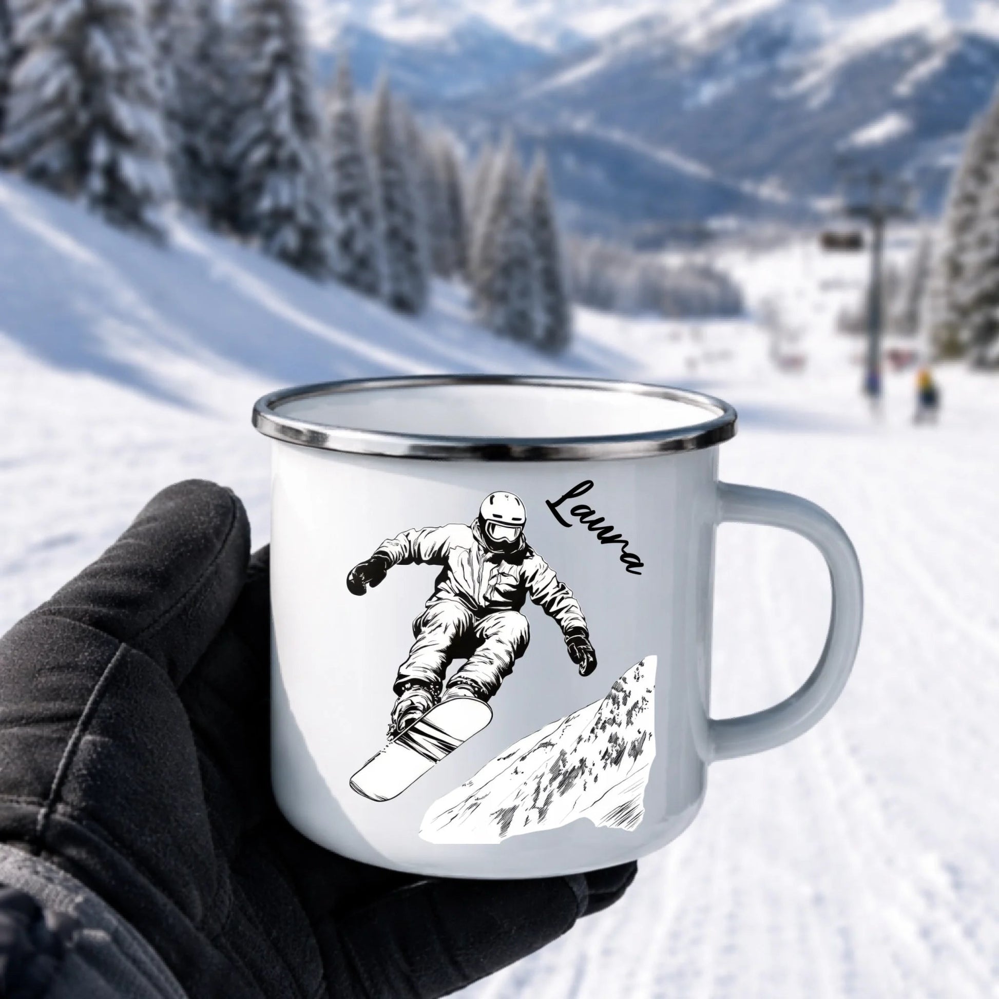 Snowboard Tasse personalisiert mit Wunschnamen – Cooles Geschenk für Snowboard - Liebhaber Little Mathilda Little Mathilda Emaille Tasse