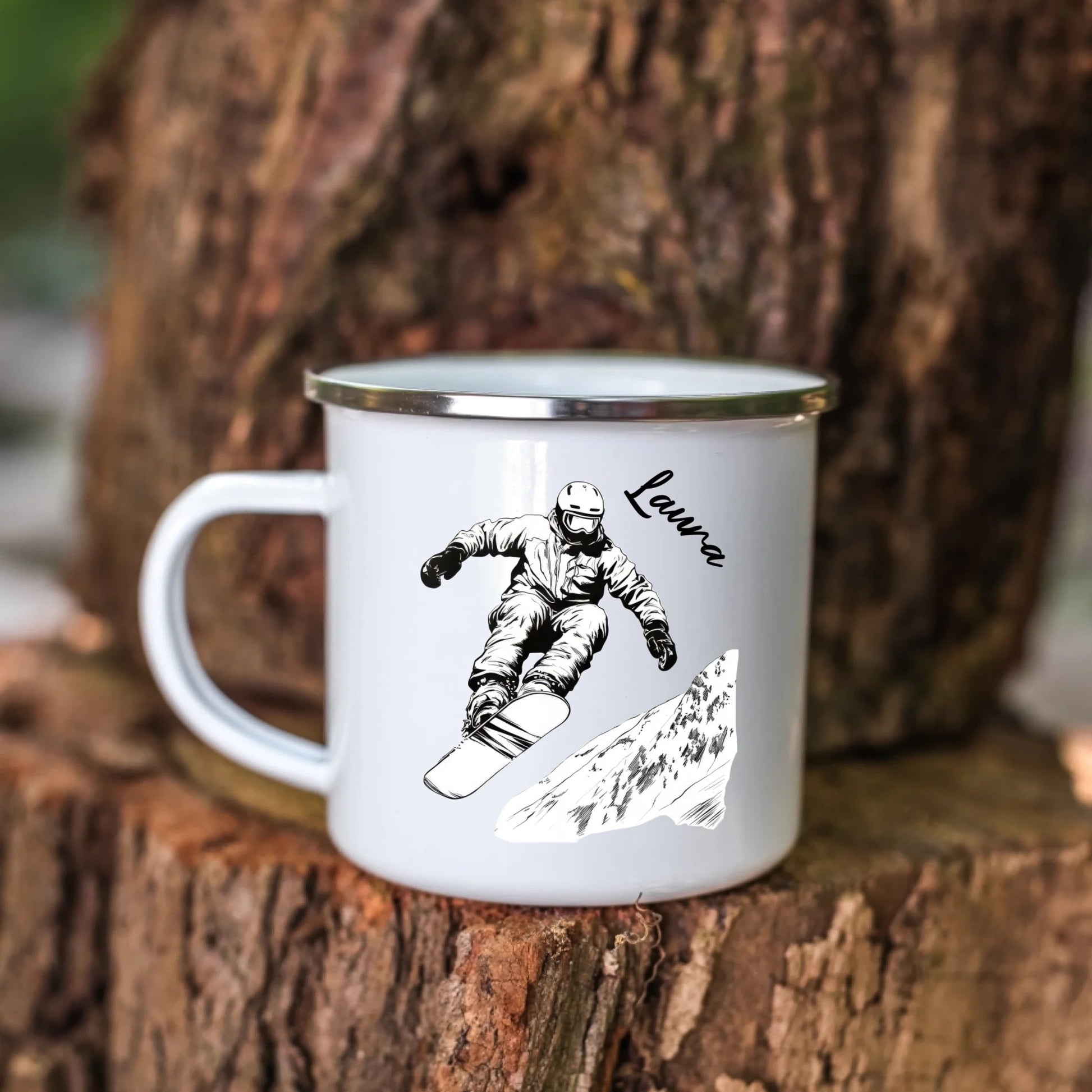 Snowboard Tasse personalisiert mit Wunschnamen – Cooles Geschenk für Snowboard - Liebhaber Little Mathilda Little Mathilda Emaille Tasse