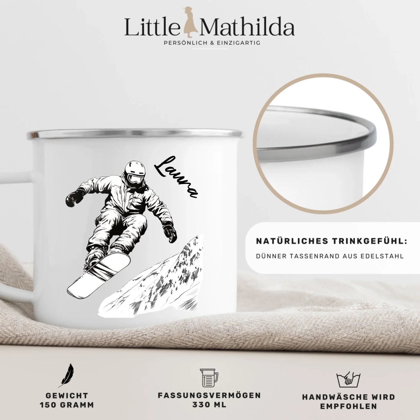 Snowboard Tasse personalisiert mit Wunschnamen – Cooles Geschenk für Snowboard - Liebhaber Little Mathilda Little Mathilda Emaille Tasse