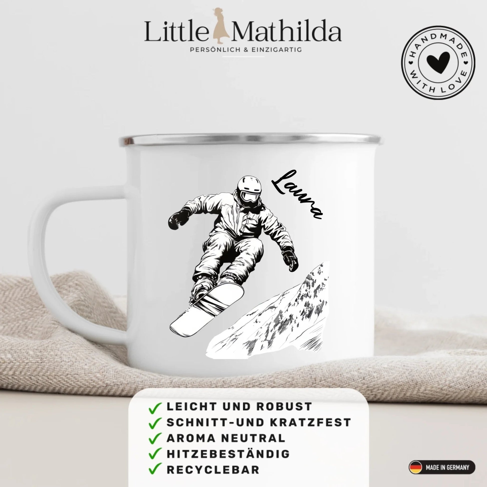 Snowboard Tasse personalisiert mit Wunschnamen – Cooles Geschenk für Snowboard - Liebhaber Little Mathilda Little Mathilda Emaille Tasse