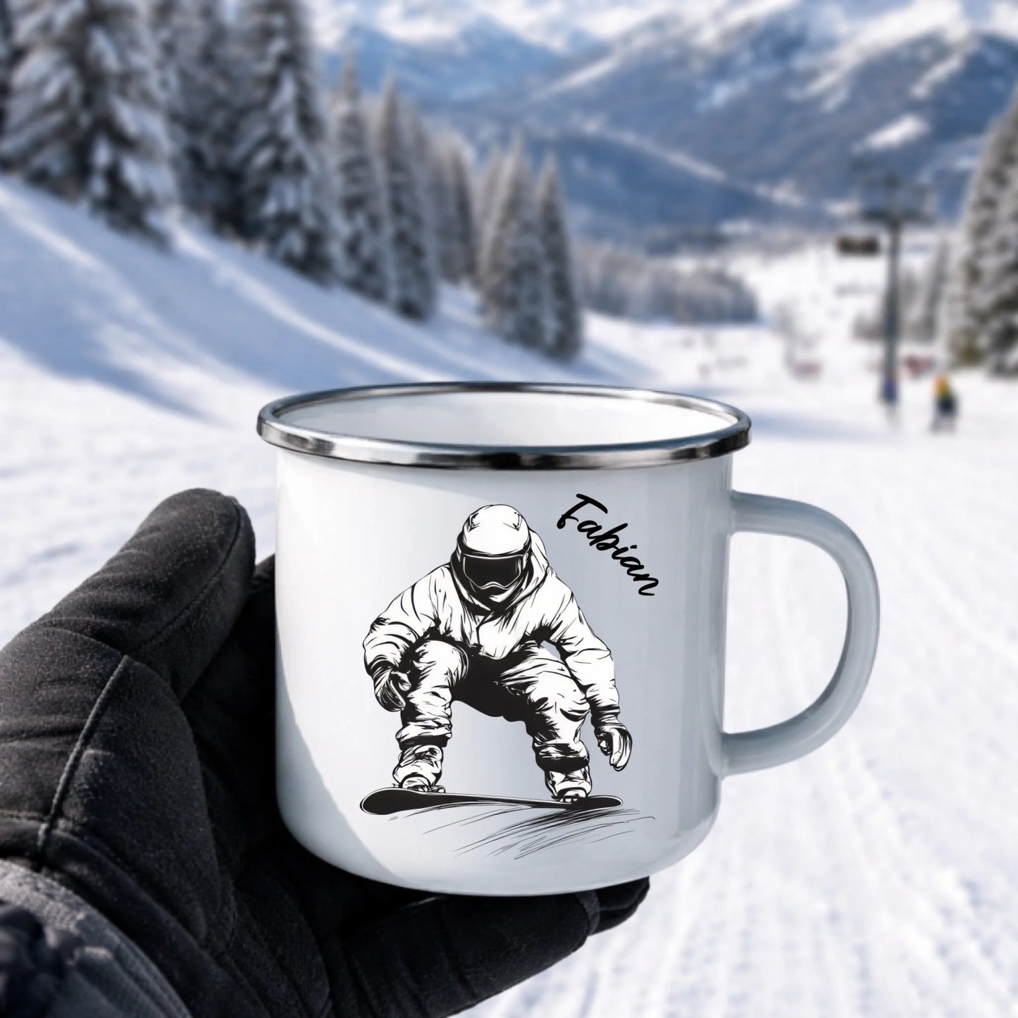 Snowboarder Emaille Tasse mit Namen – Individuelles Winter - & Outdoor - Geschenk Little Mathilda Little Mathilda Emaille Tasse