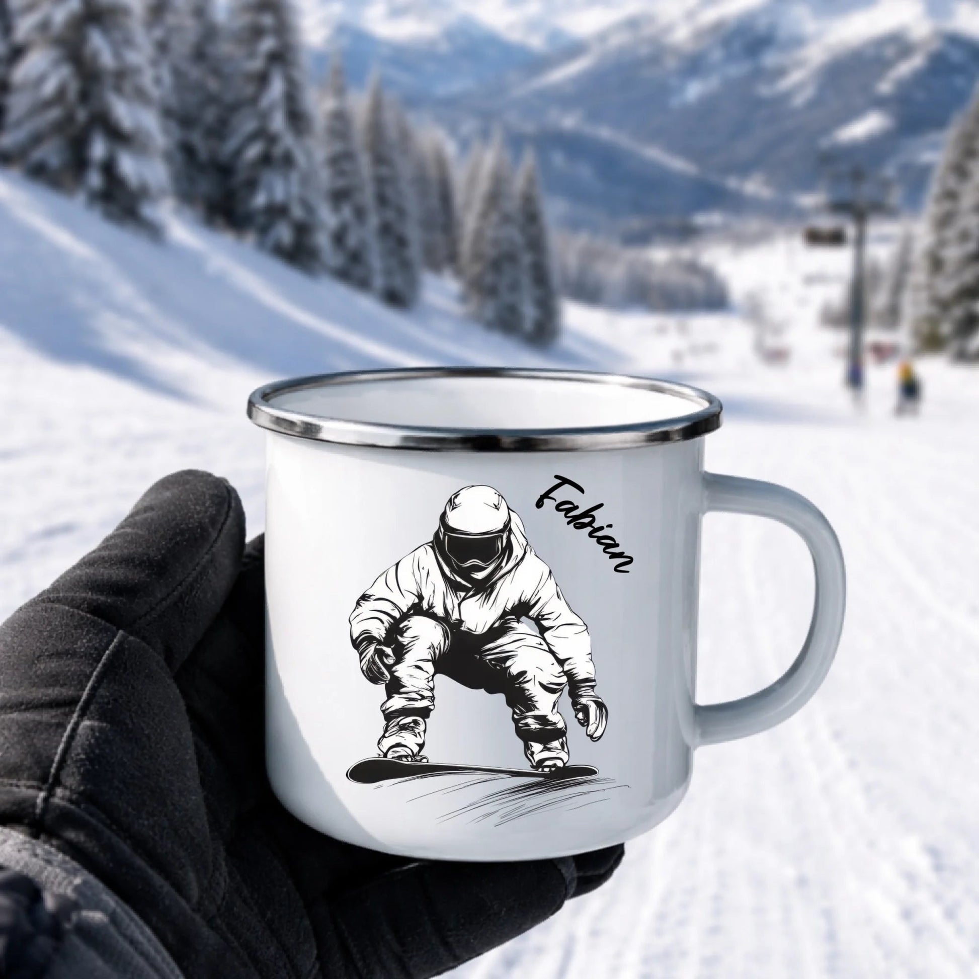 Snowboarder Emaille Tasse mit Namen – Individuelles Winter - & Outdoor - Geschenk Little Mathilda Little Mathilda Emaille Tasse
