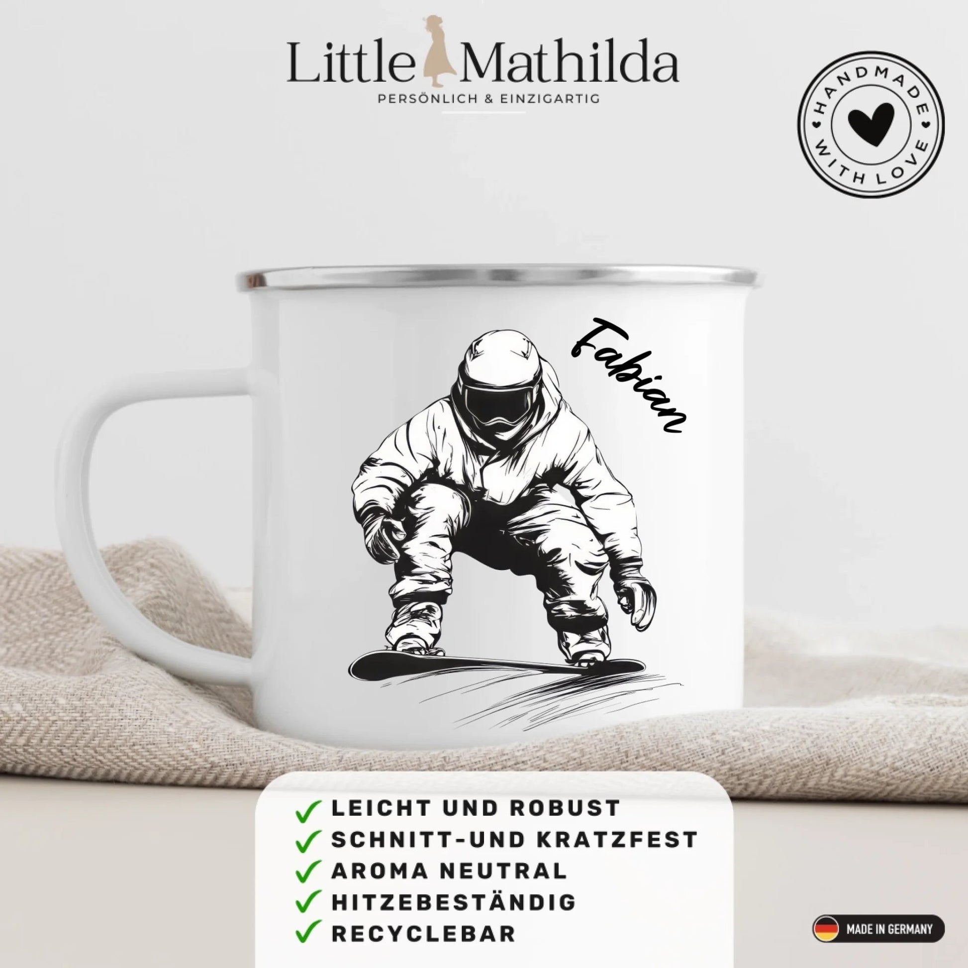 Snowboarder Emaille Tasse mit Namen – Individuelles Winter - & Outdoor - Geschenk Little Mathilda Little Mathilda Emaille Tasse