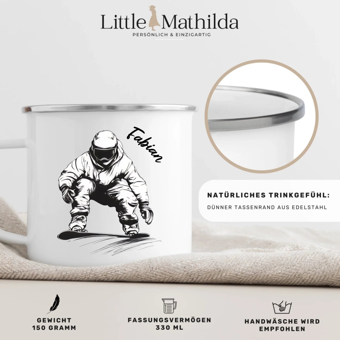 Snowboarder Emaille Tasse mit Namen – Individuelles Winter - & Outdoor - Geschenk Little Mathilda Little Mathilda Emaille Tasse
