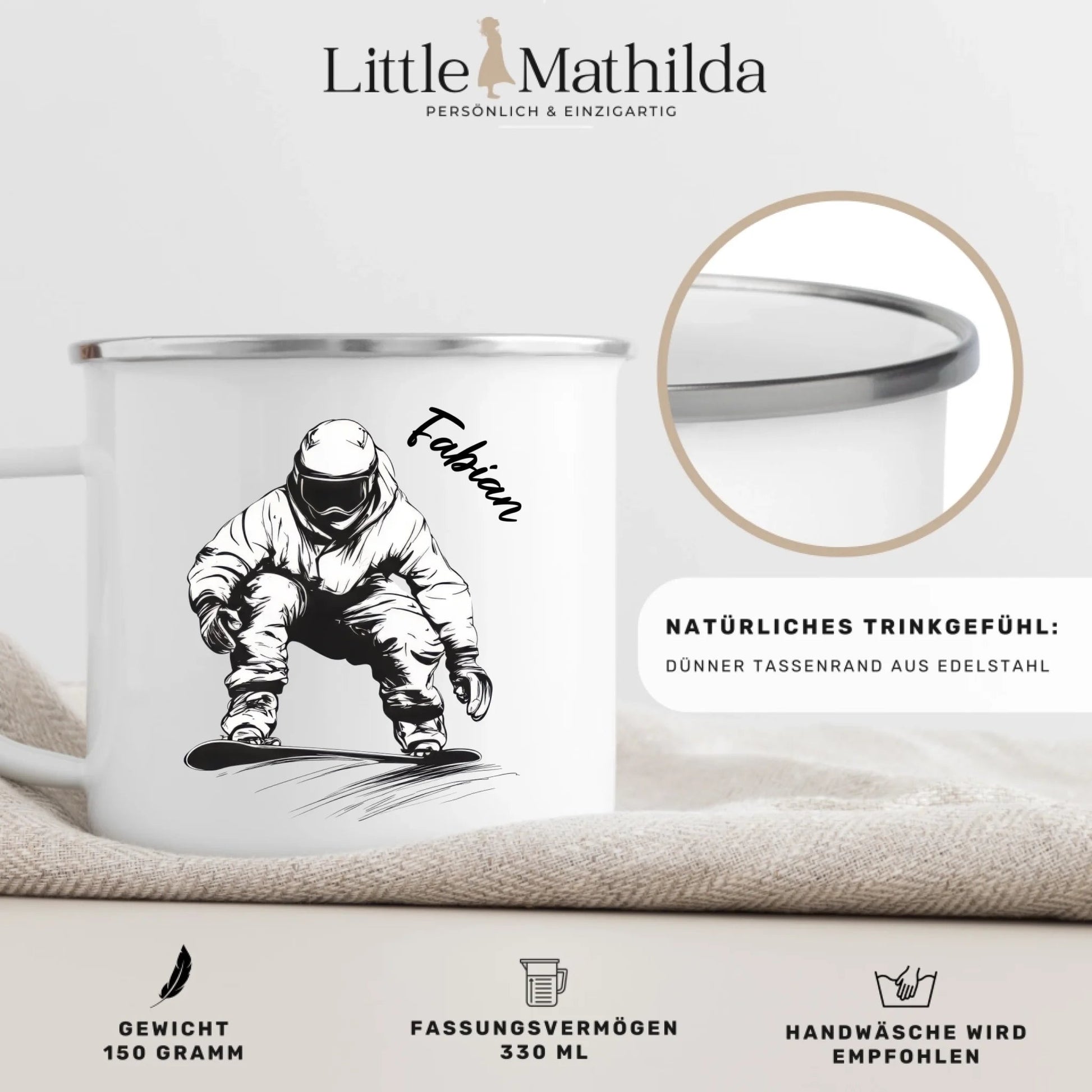 Snowboarder Emaille Tasse mit Namen – Individuelles Winter - & Outdoor - Geschenk Little Mathilda Little Mathilda Emaille Tasse