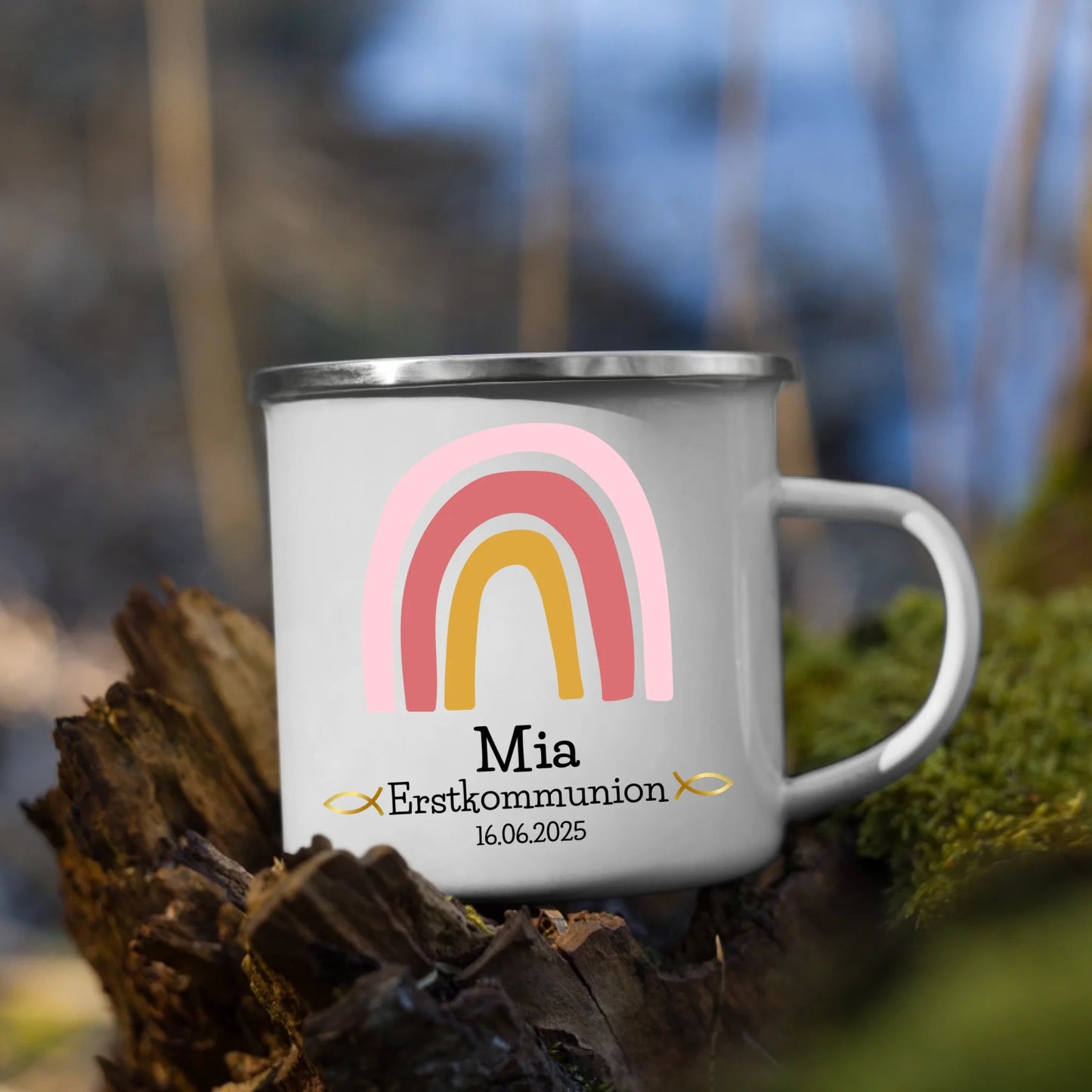 Tasse zur Erstkommunion rosa Regenbogen Little Mathilda Little Mathilda Emaille Tasse