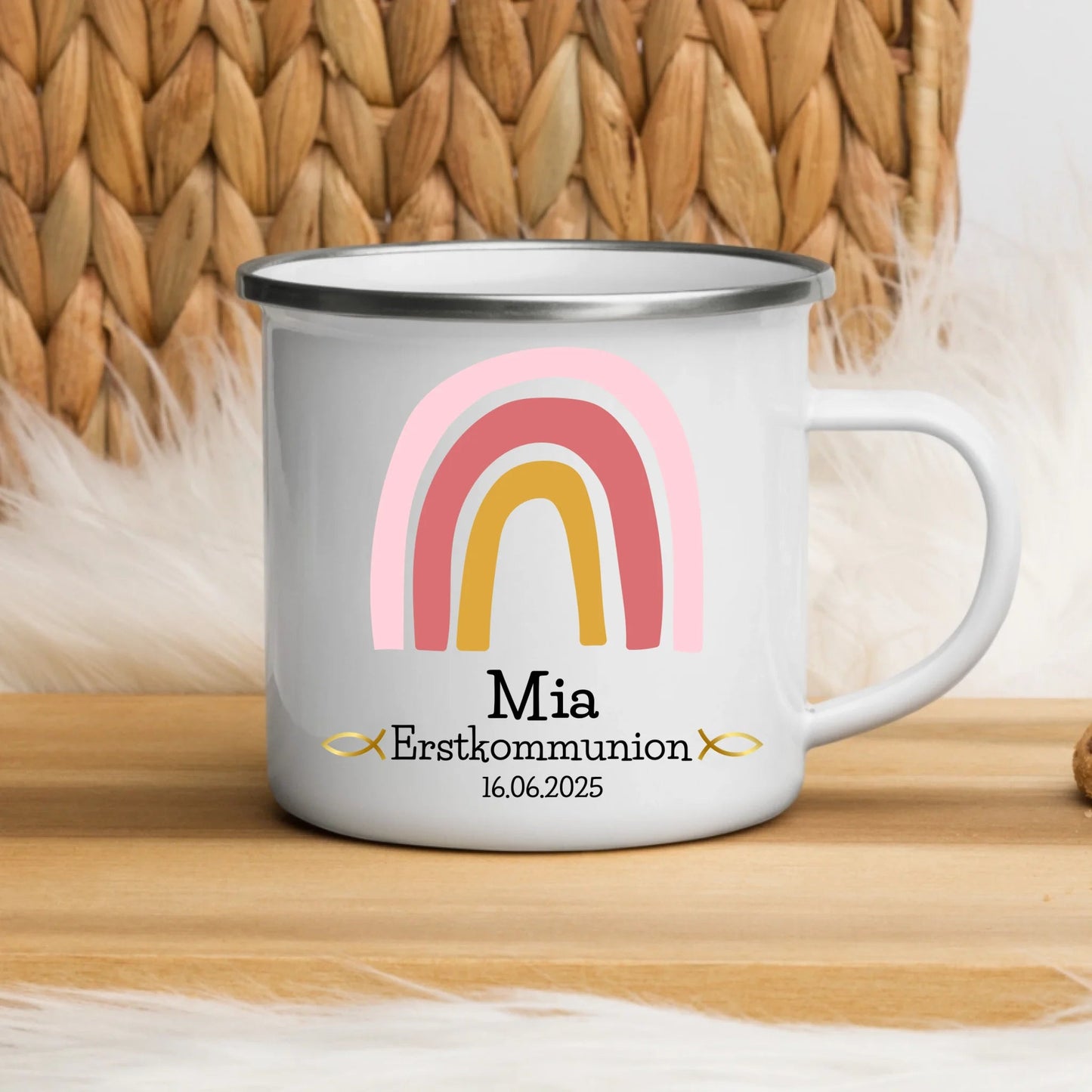 Tasse zur Erstkommunion rosa Regenbogen Little Mathilda Little Mathilda Emaille Tasse