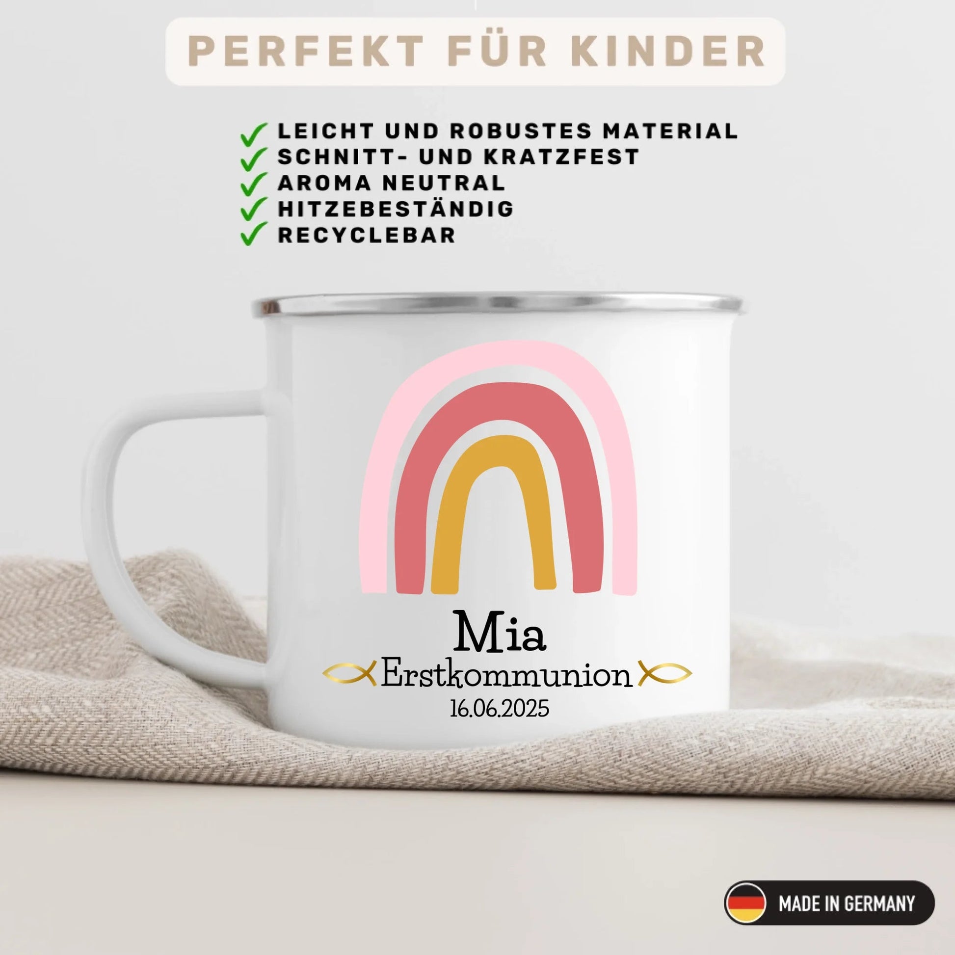 Tasse zur Erstkommunion rosa Regenbogen Little Mathilda Little Mathilda Emaille Tasse