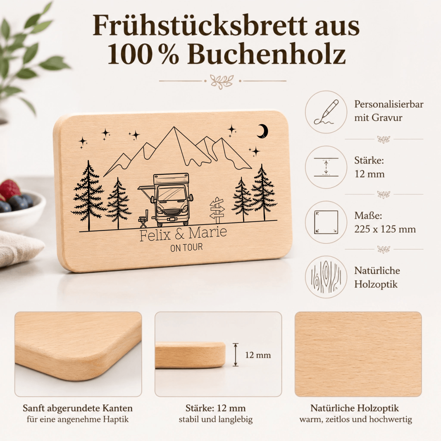 Personalisiertes Frühstücksbrett Camper mit Namen und Gravur aus Buchenholz Little Mathilda Little Mathilda Frühstücksbrett