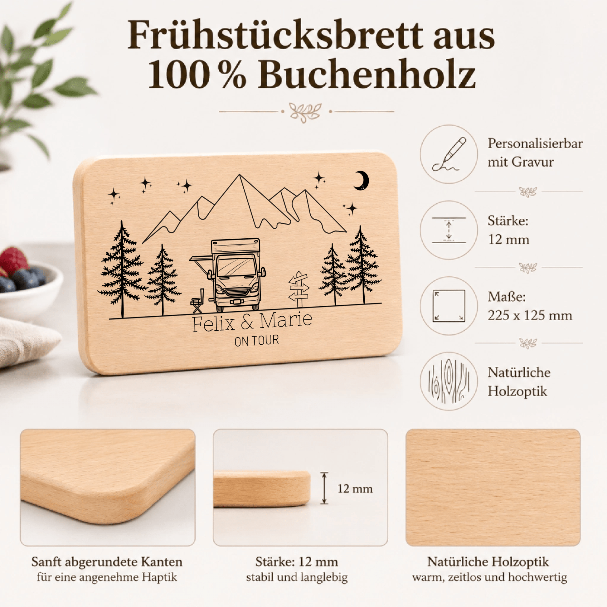 Personalisiertes Frühstücksbrett Camper mit Namen und Gravur aus Buchenholz Little Mathilda Little Mathilda Frühstücksbrett