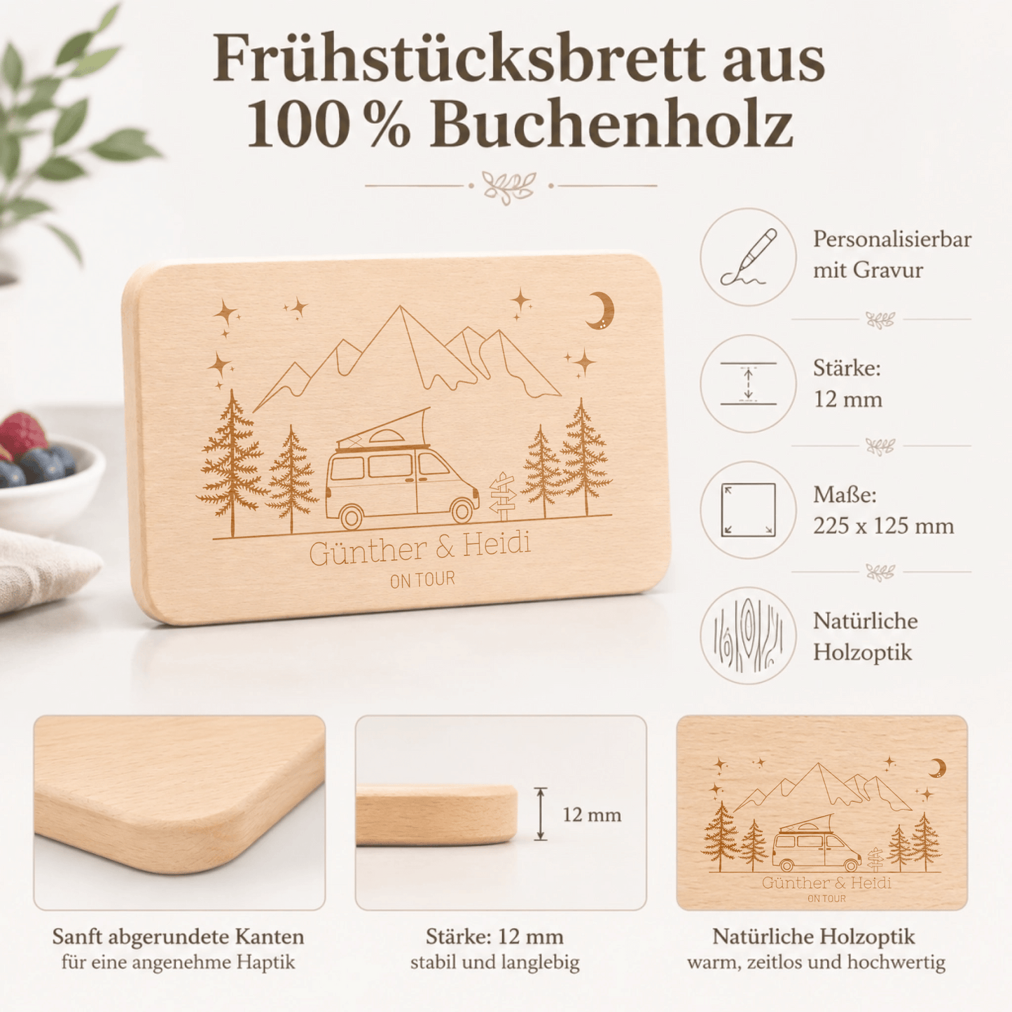 Personalisiertes Frühstücksbrett Camping van mit Aufstelldach mit Namen und Gravur aus 100% Buchenholz Little Mathilda Little Mathilda Frühstücksbrett