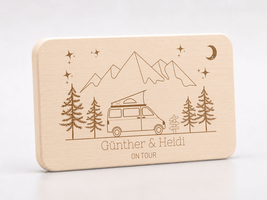 Personalisiertes Frühstücksbrett Camping van mit Aufstelldach mit Namen und Gravur aus 100% Buchenholz Little Mathilda Little Mathilda Frühstücksbrett