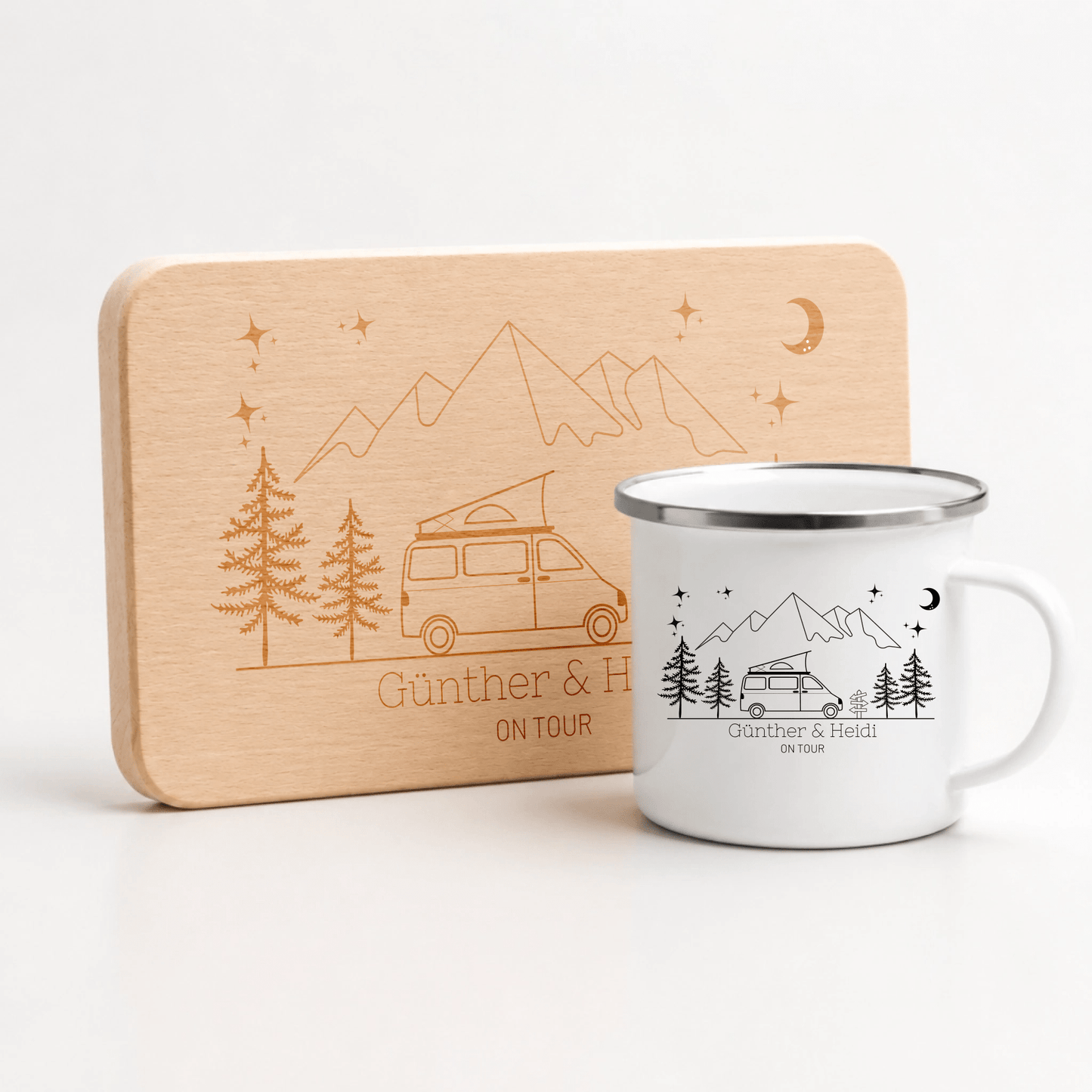 Personalisiertes Frühstücksbrett Camping van mit Aufstelldach mit Namen und Gravur aus 100% Buchenholz Little Mathilda Little Mathilda Frühstücksbrett