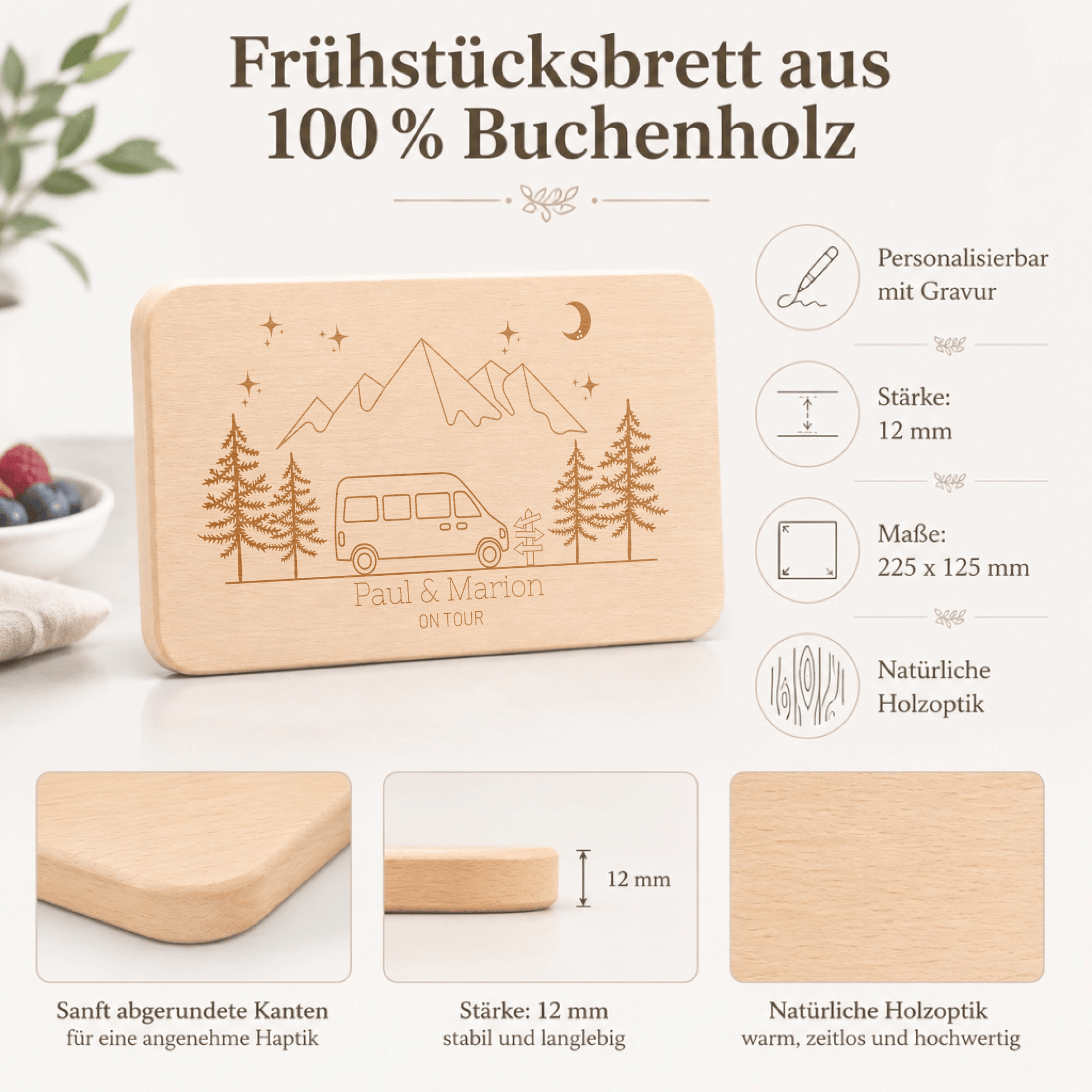 Personalisiertes Frühstücksbrett für Camper "Camper Van" mit Namen und Gravur aus 100% Buchenholz Little Mathilda Little Mathilda Frühstücksbrett