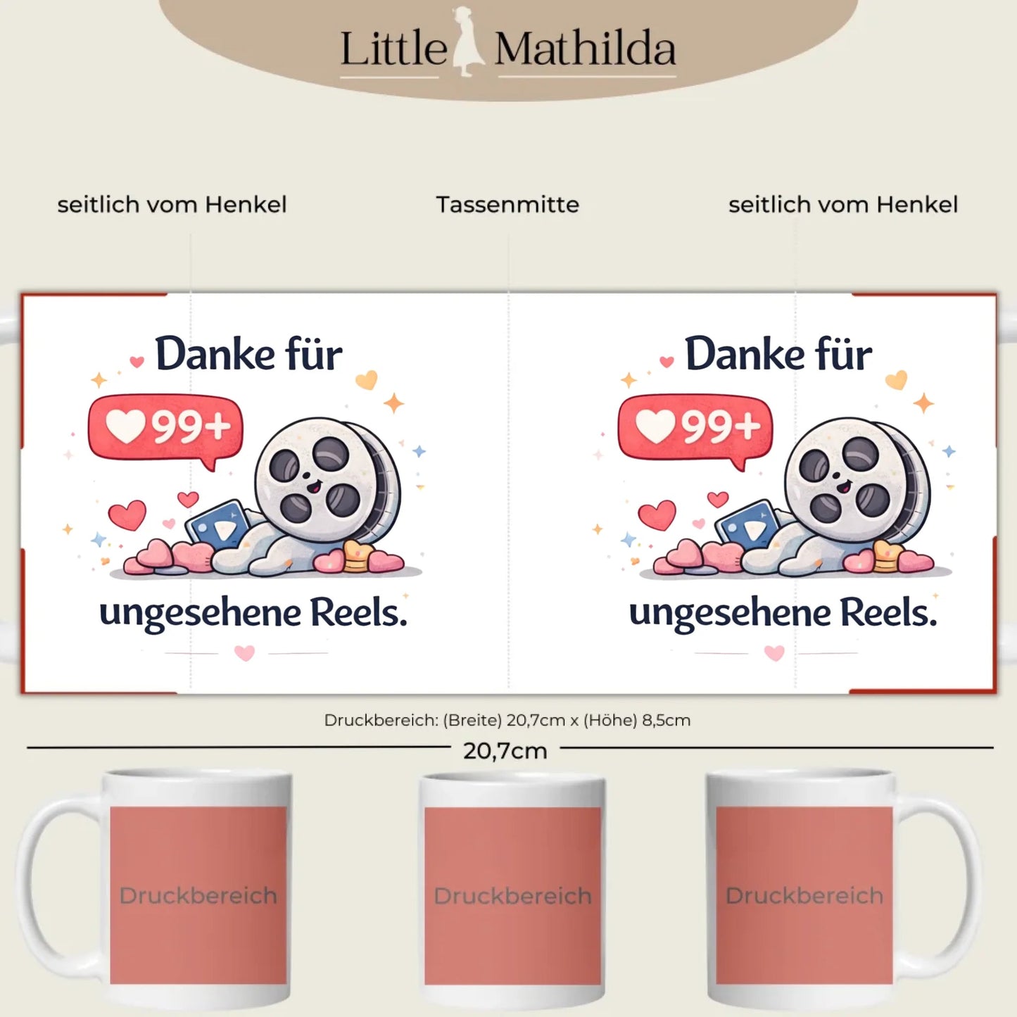 Kaffeetasse Tasse mit Spruch: Danke für 99+ ungesehene Reels Little Mathilda Little Mathilda Keramik Tasse