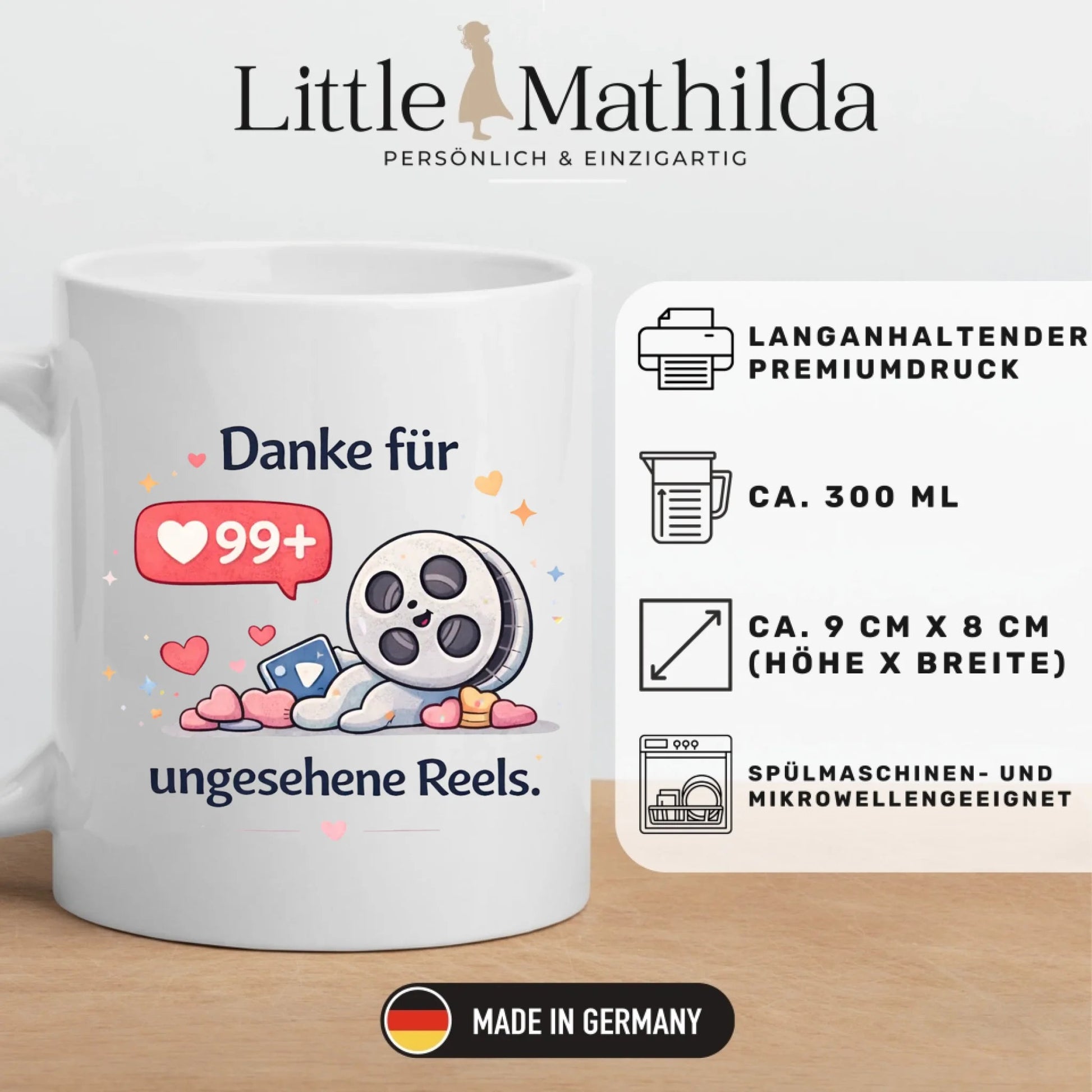 Kaffeetasse Tasse mit Spruch: Danke für 99+ ungesehene Reels Little Mathilda Little Mathilda Keramik Tasse
