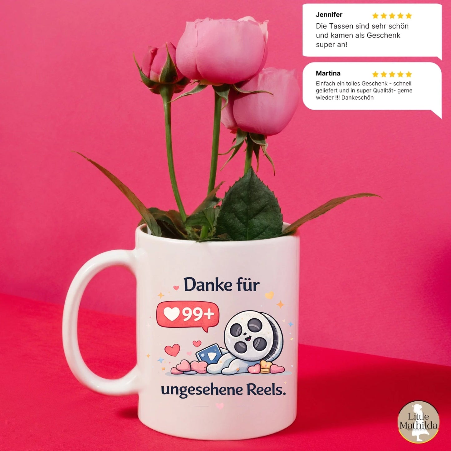 Kaffeetasse Tasse mit Spruch: Danke für 99+ ungesehene Reels Little Mathilda Little Mathilda Keramik Tasse