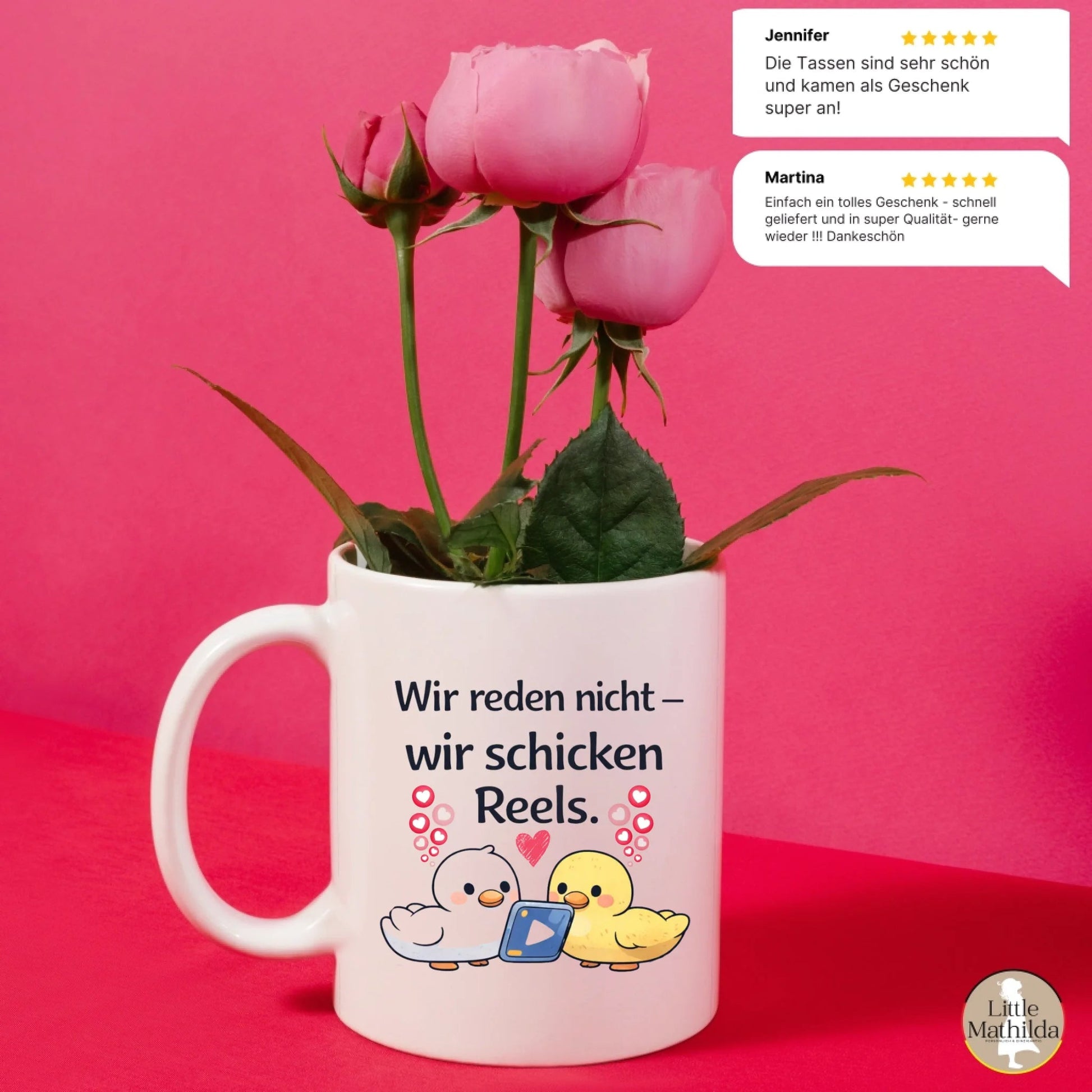 Kaffeetasse Tasse mit Spruch: Wir reden nicht, wir schicken Reels Little Mathilda Little Mathilda Keramik Tasse