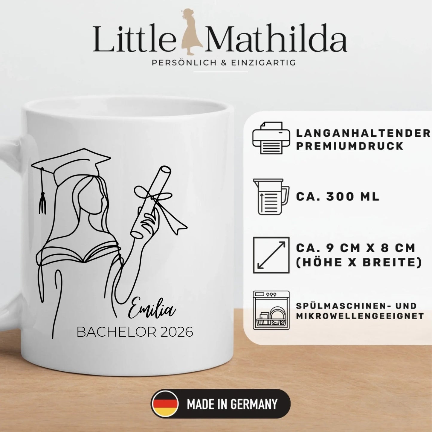 Personalisierte Abschluss - Tasse 2025 mit Namen – Erinnerungsstück zum Abschluss Little Mathilda Little Mathilda Keramik Tasse