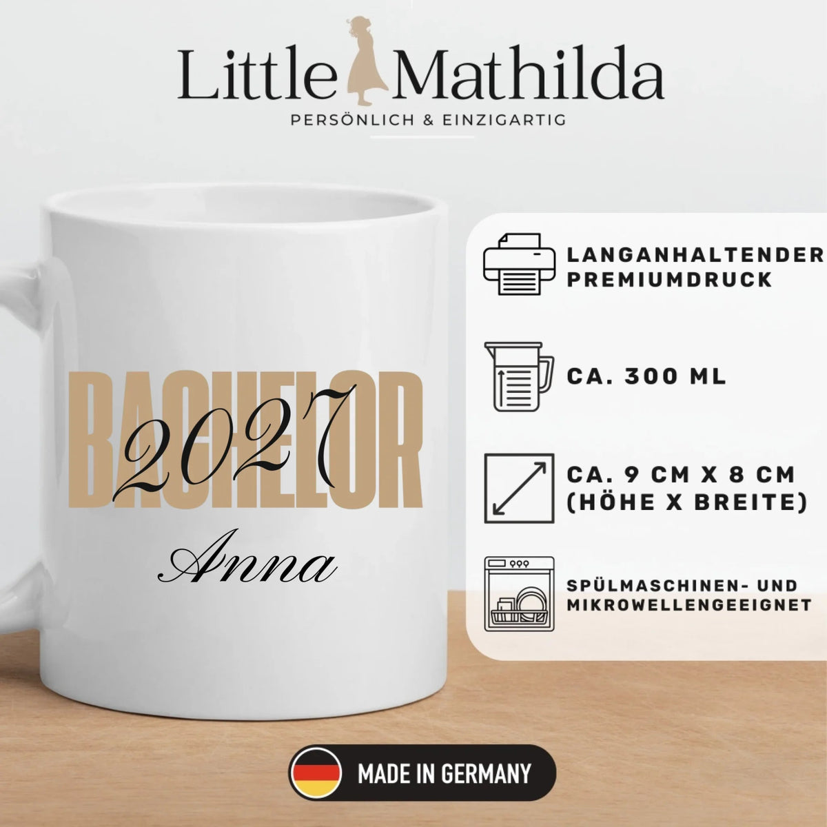 Personalisierte Bachelor Tasse mit Namen & Wunschjahr – Geschenk zum Bachelorabschluss Little Mathilda Little Mathilda Keramik Tasse