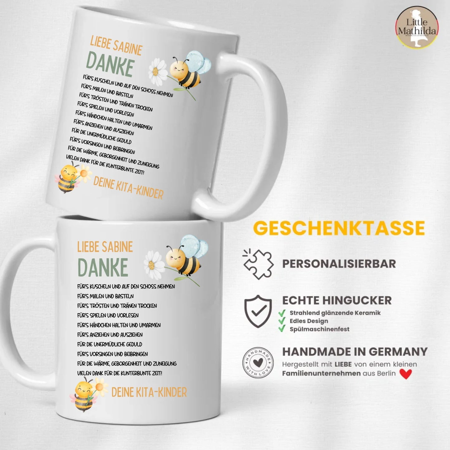 Personalisierte Tasse für Erzieherin oder Erzieher zum Abschied - Geschenk von den Kita - Kindern Little Mathilda Little Mathilda Keramik Tasse