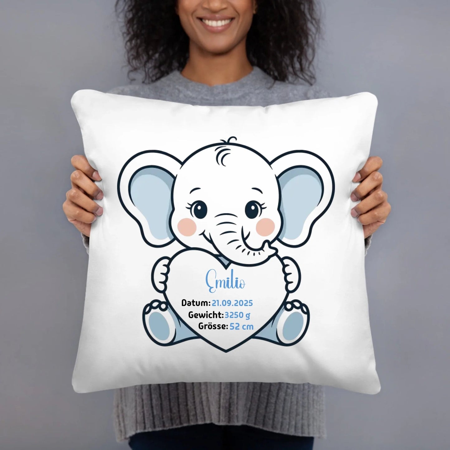 Personalisiertes Geburtskissen Elefant mit Namen, Datum, Gewicht und Größe Little Mathilda Little Mathilda Kissen