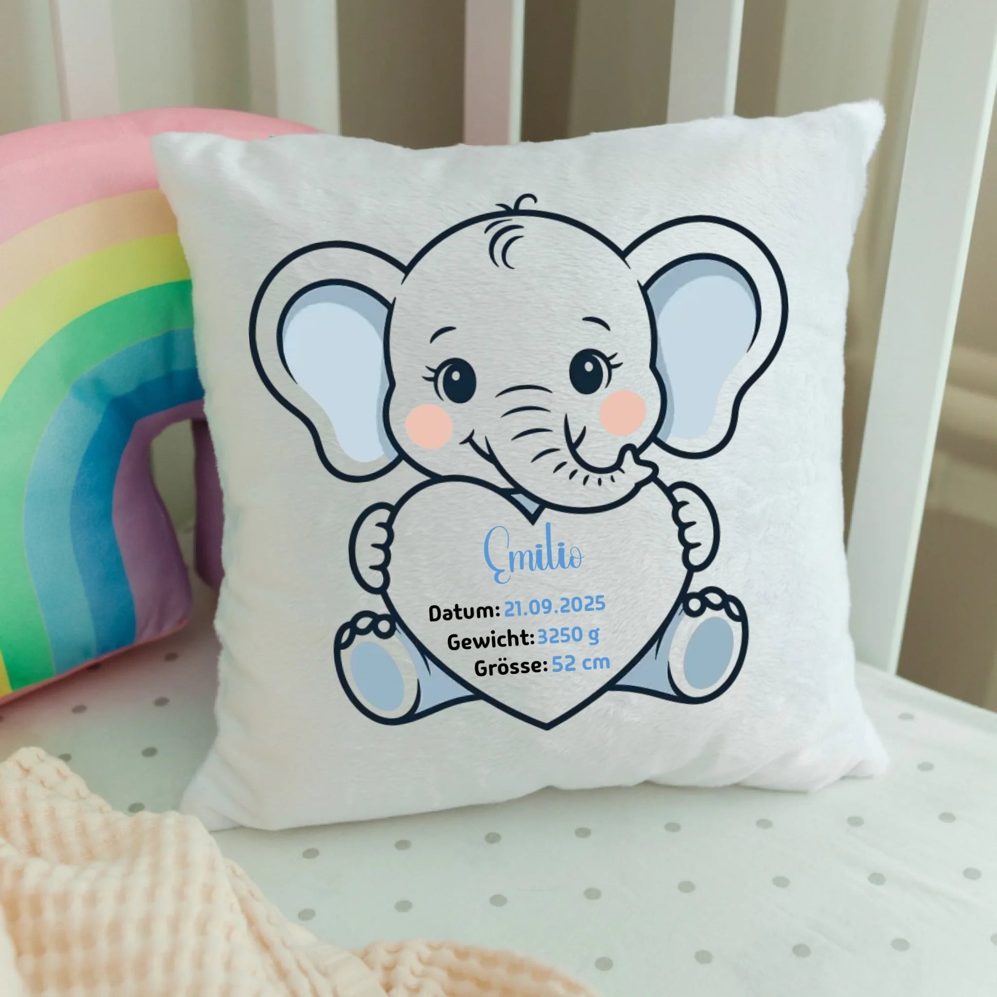 Personalisiertes Geburtskissen Elefant mit Namen, Datum, Gewicht und Größe Little Mathilda Little Mathilda Kissen