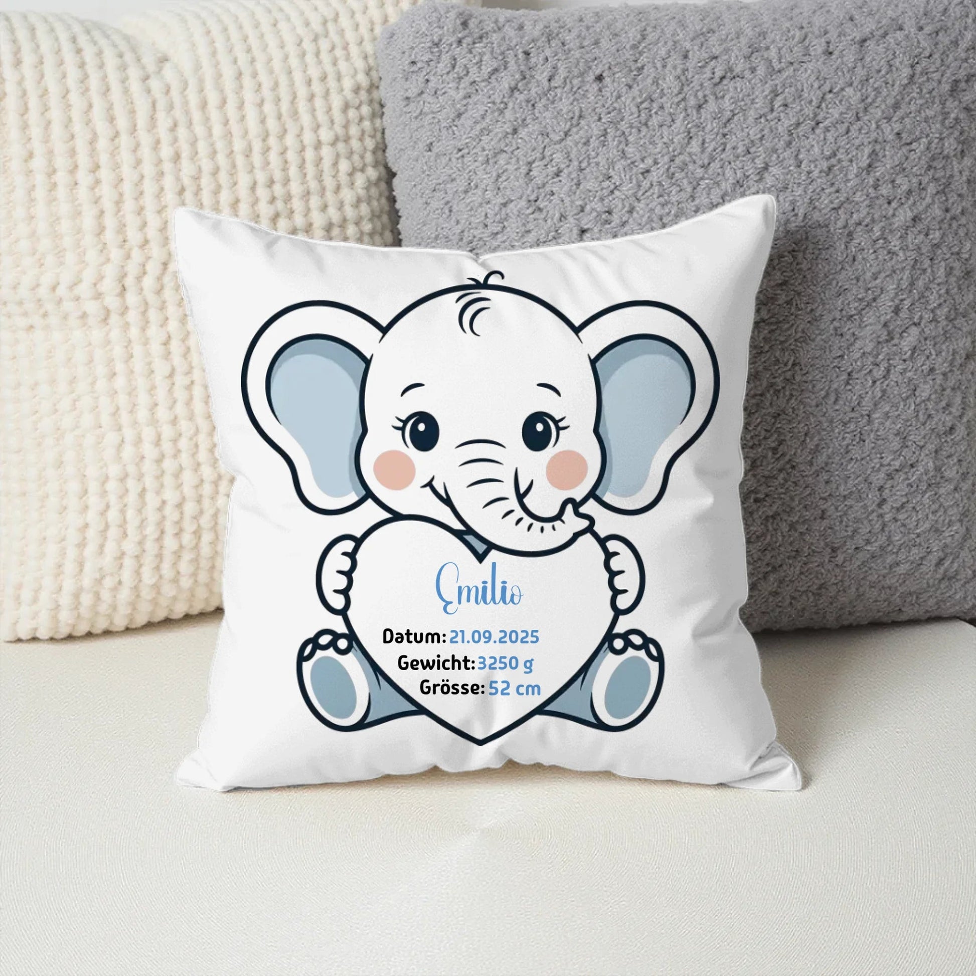 Personalisiertes Geburtskissen Elefant mit Namen, Datum, Gewicht und Größe Little Mathilda Little Mathilda Kissen